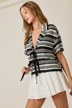 Double Bow Tie Variegated Stripe Short Sleeve Knit Top