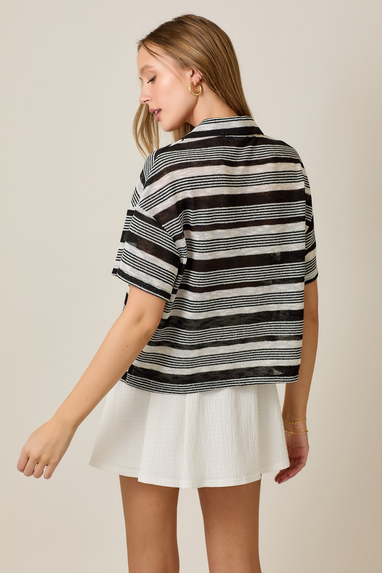 Double Bow Tie Variegated Stripe Short Sleeve Knit Top