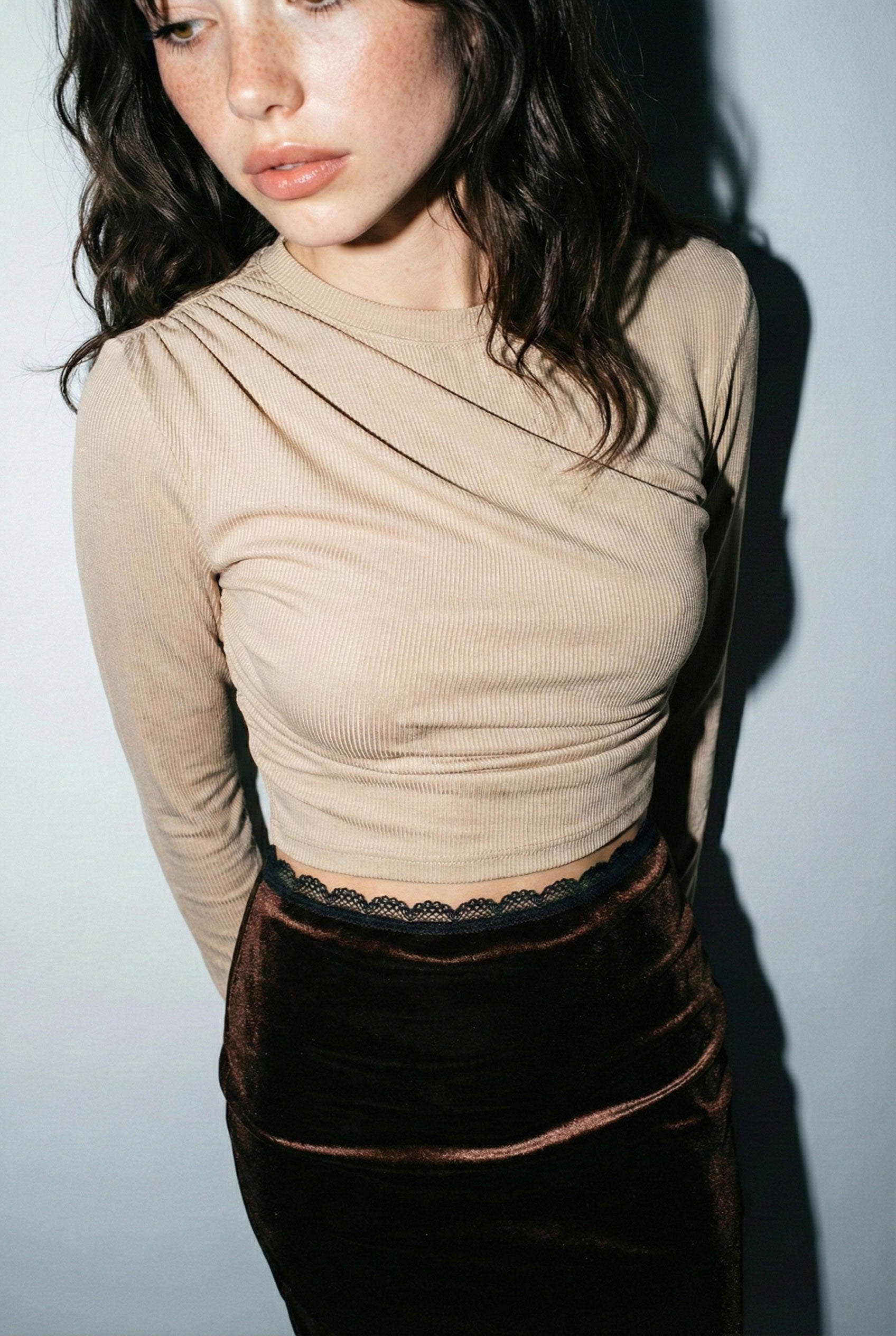 Asymmetric Ruched Ribbed Crop Top