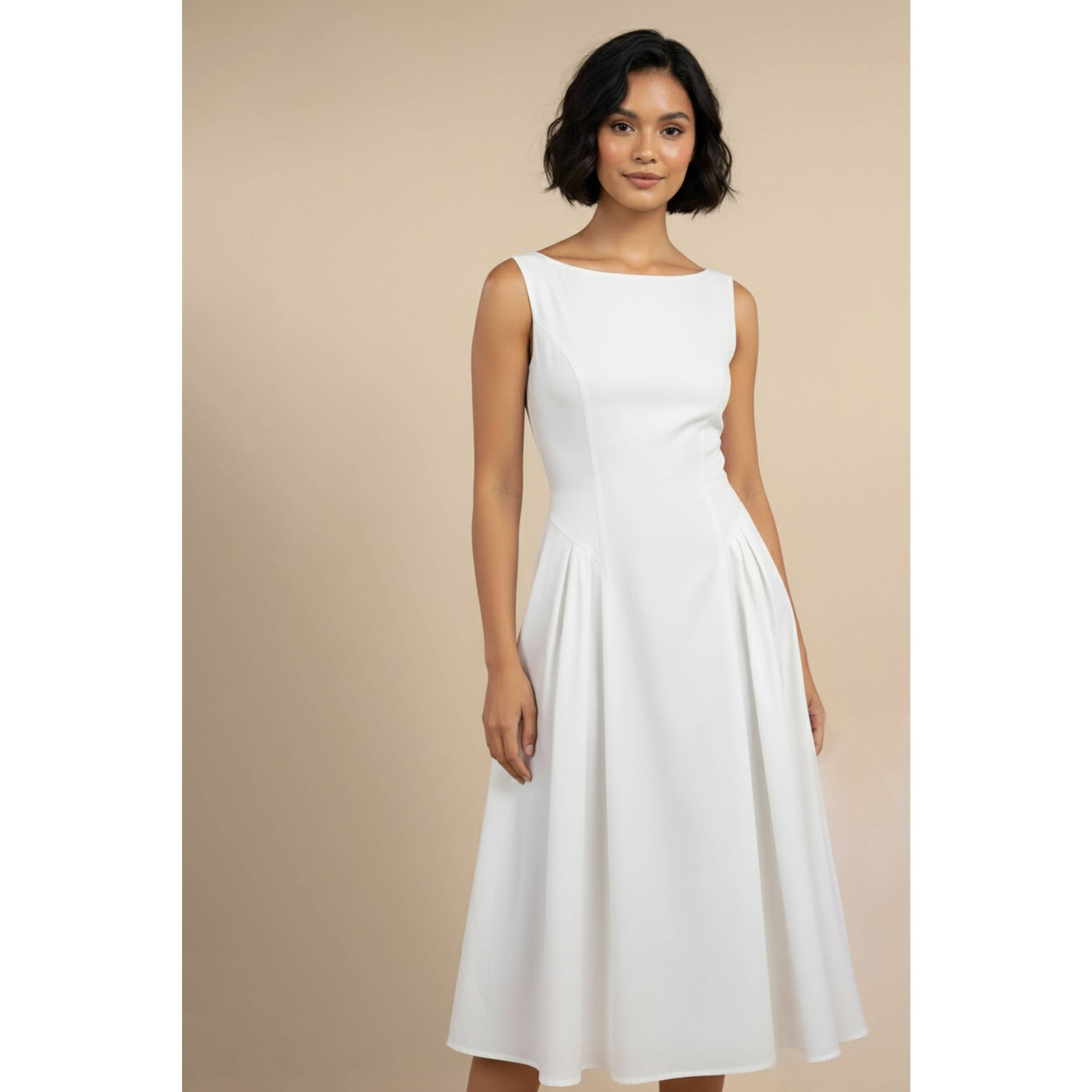Sleeveless Fit & Flare White Midi Dress