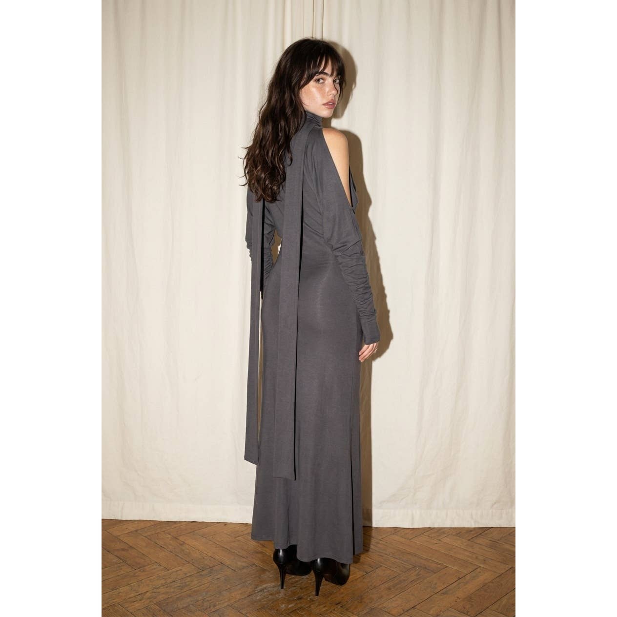 Cold-Shoulder Scarf-Tie Maxi Dress