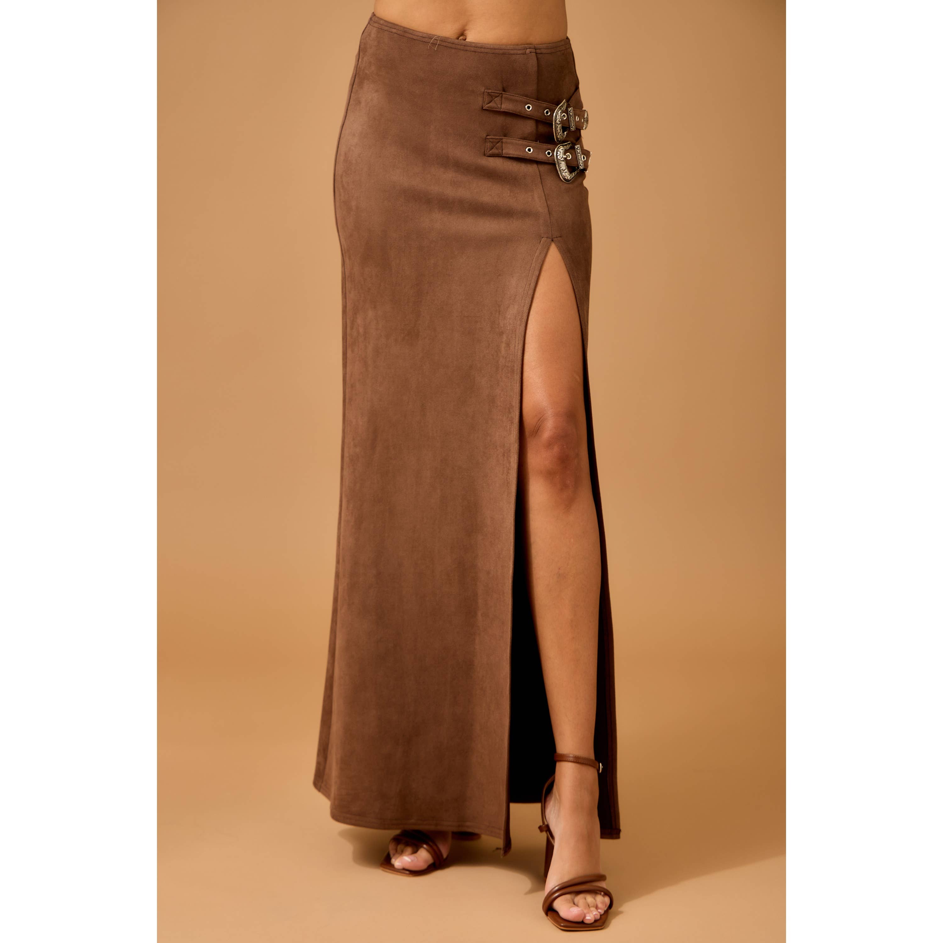 Faux Suede Maxi Skirt with High Slit and Double Buckles