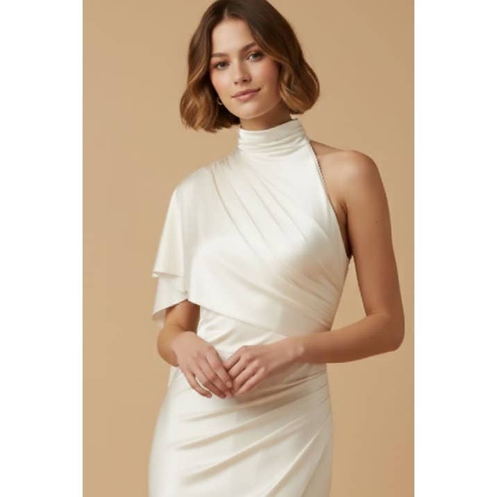 One Shoulder Satin Jersey Maxi Dress
