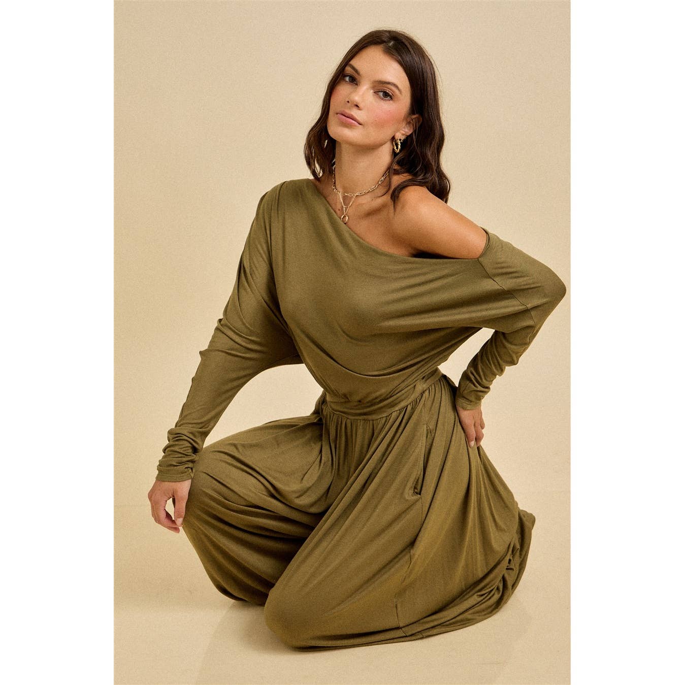 One Shoulder Draped Jersey Jumpsuit
