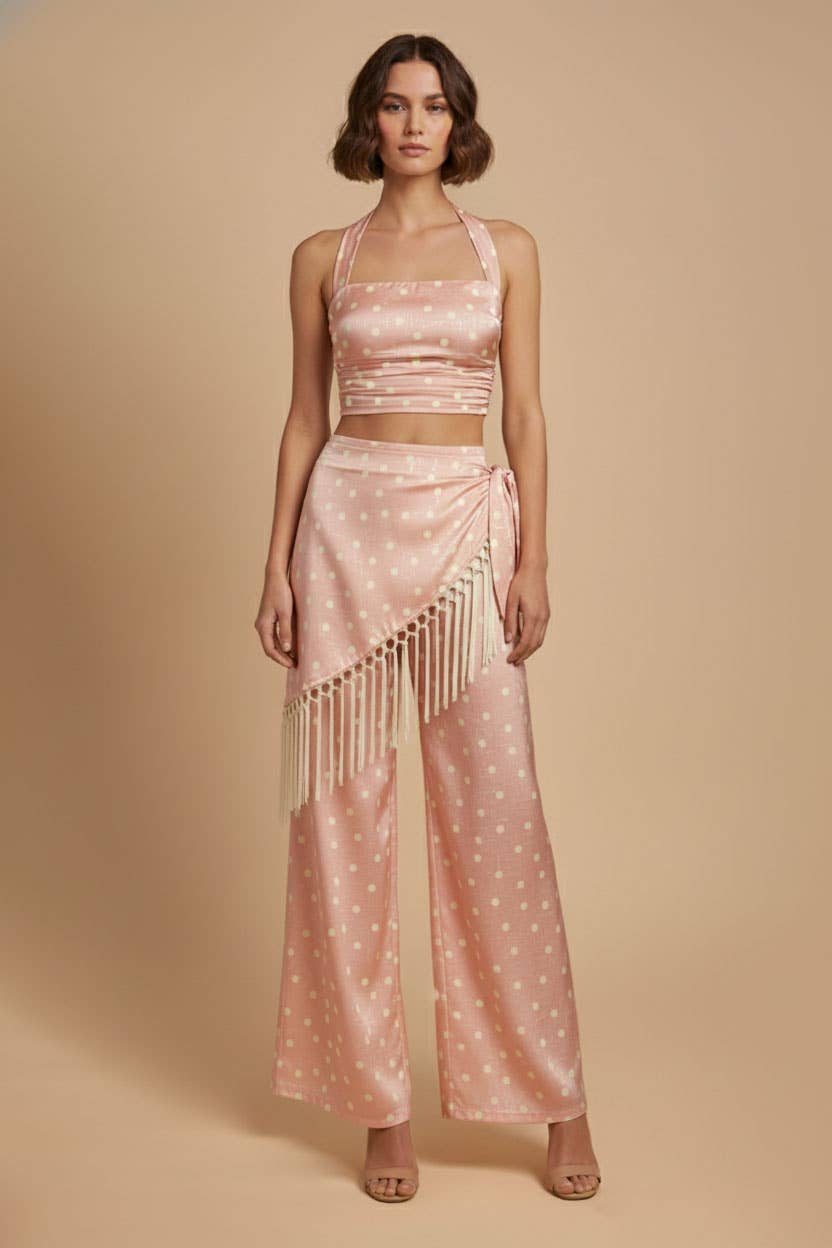 Polka Dot Halter Top and Fringe Pants Set