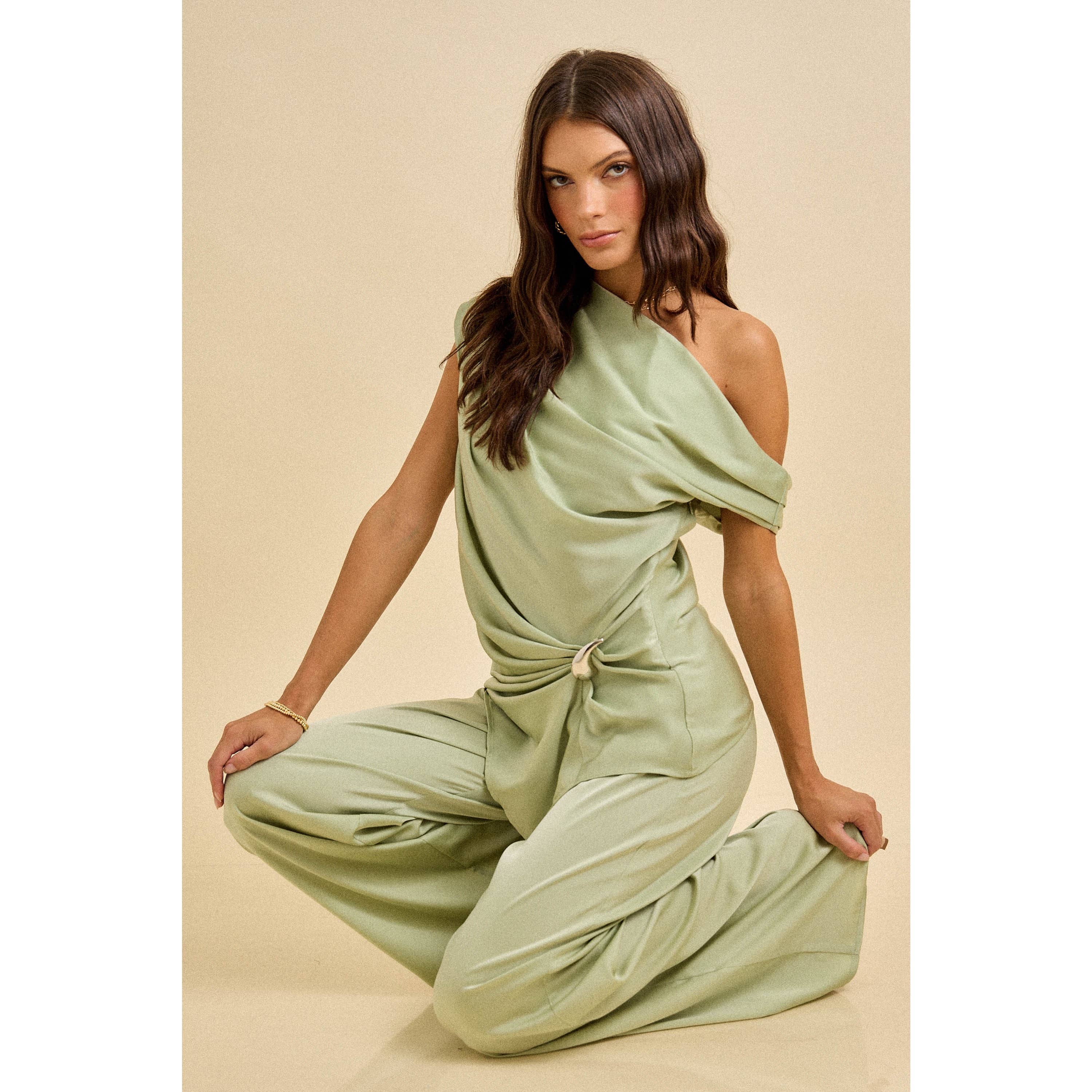 Spring Satin Drape One-Shoulder Pant Set