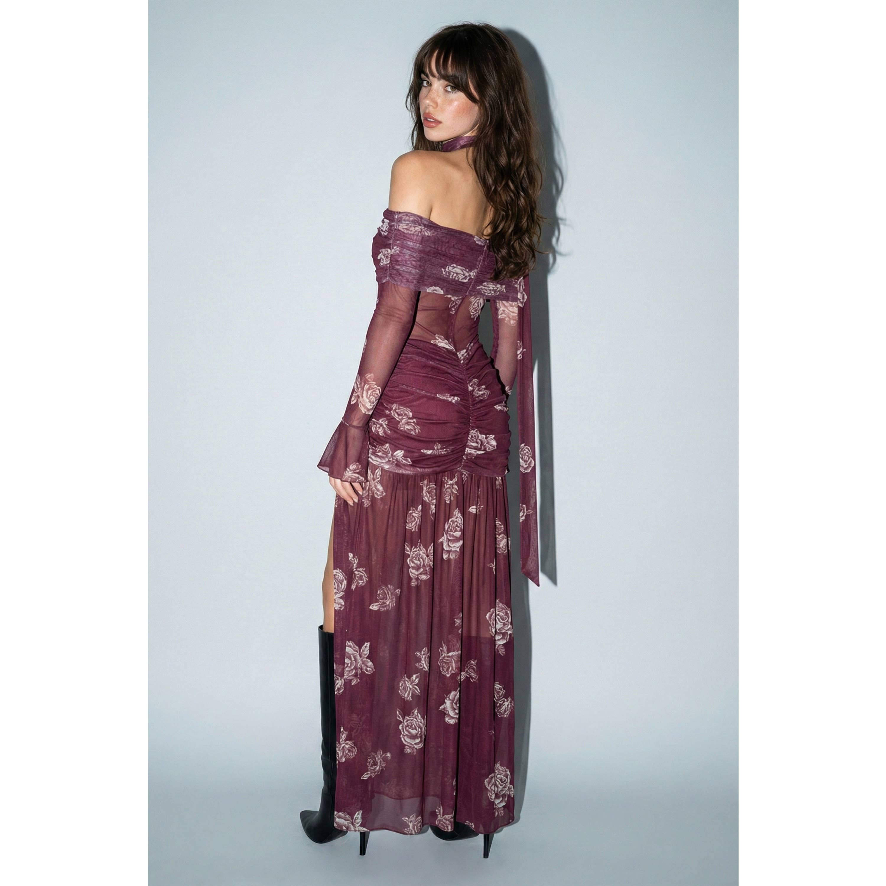 Floral Mesh Off-Shoulder Maxi Dress