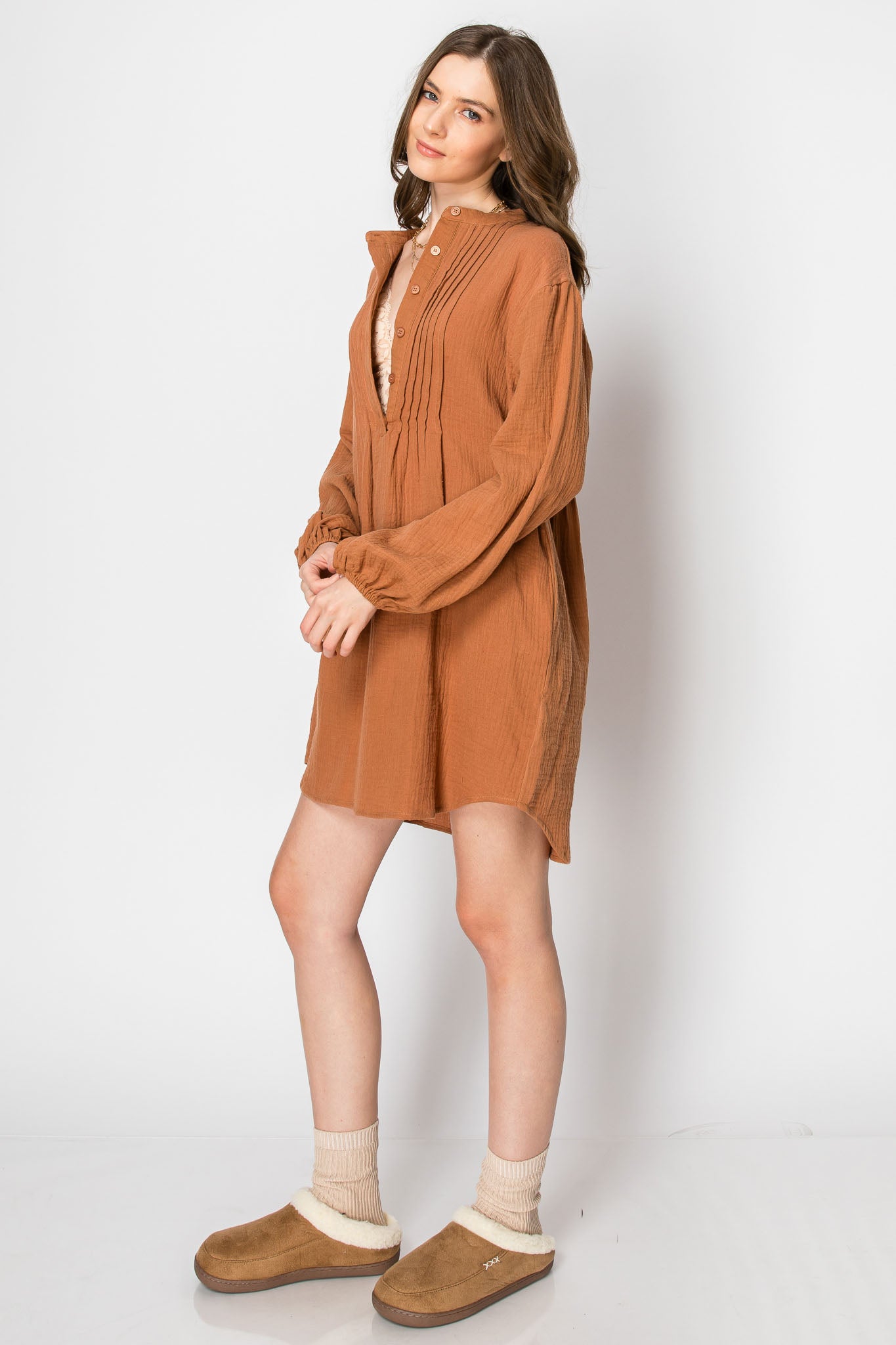LONG SLEEVE Button Down TUNIC DRESS with Pockets