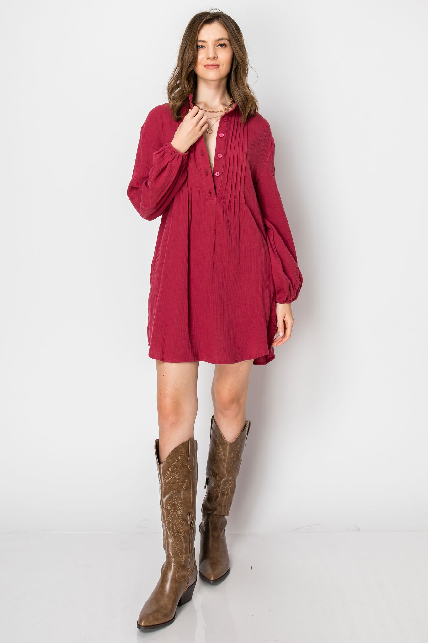 LONG SLEEVE Button Down TUNIC DRESS with Pockets