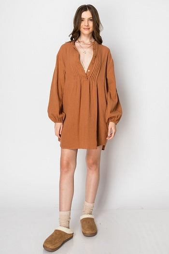 LONG SLEEVE Button Down TUNIC DRESS with Pockets