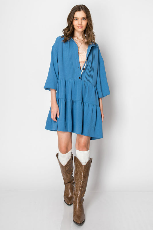 LONG SLEEVE COLLARED BUTTON DOWN TIERED RUFFLE DRESS .