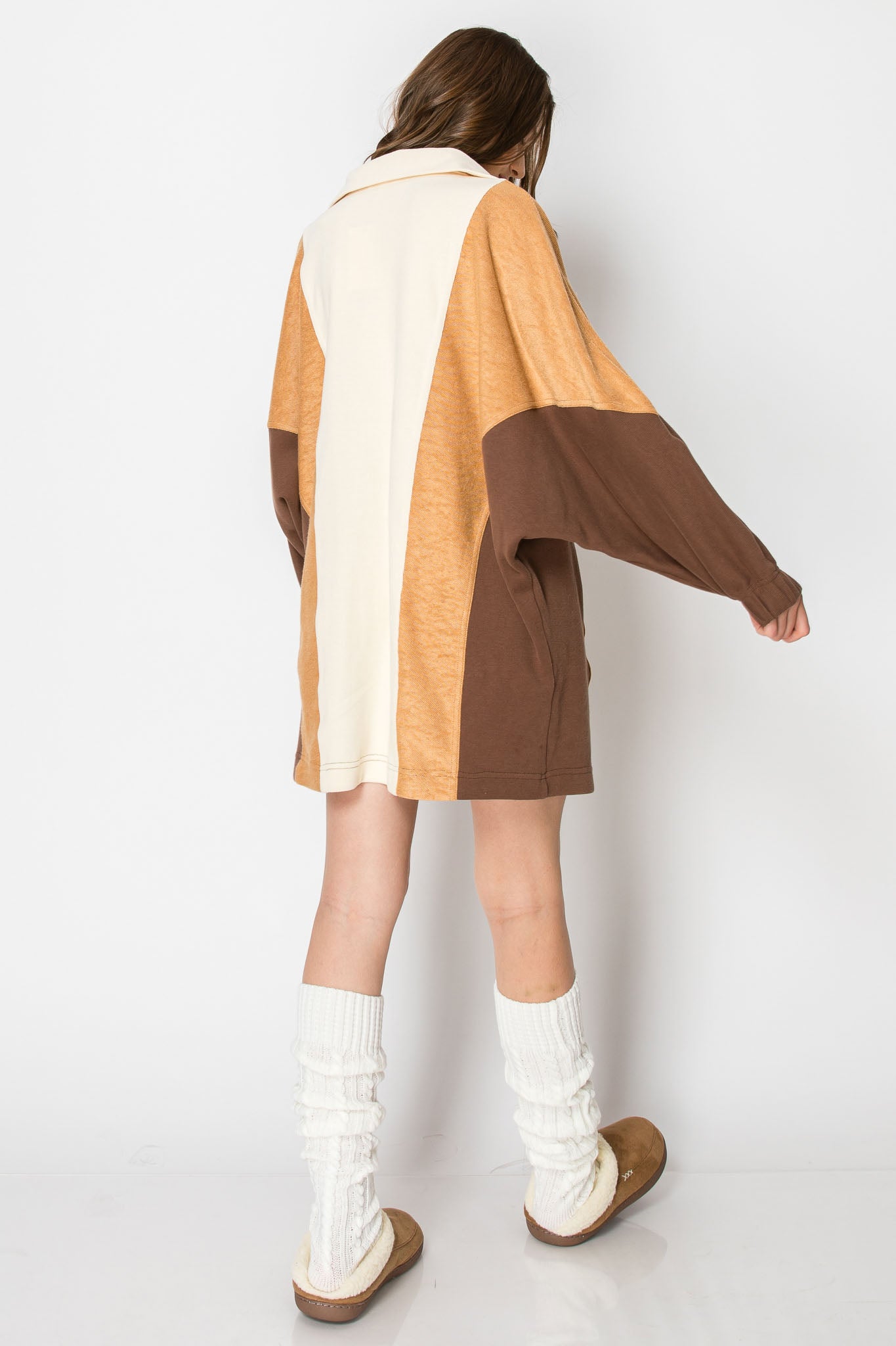 COLOR BLOCK Long Sleeve Collar DRESS With Pockets
