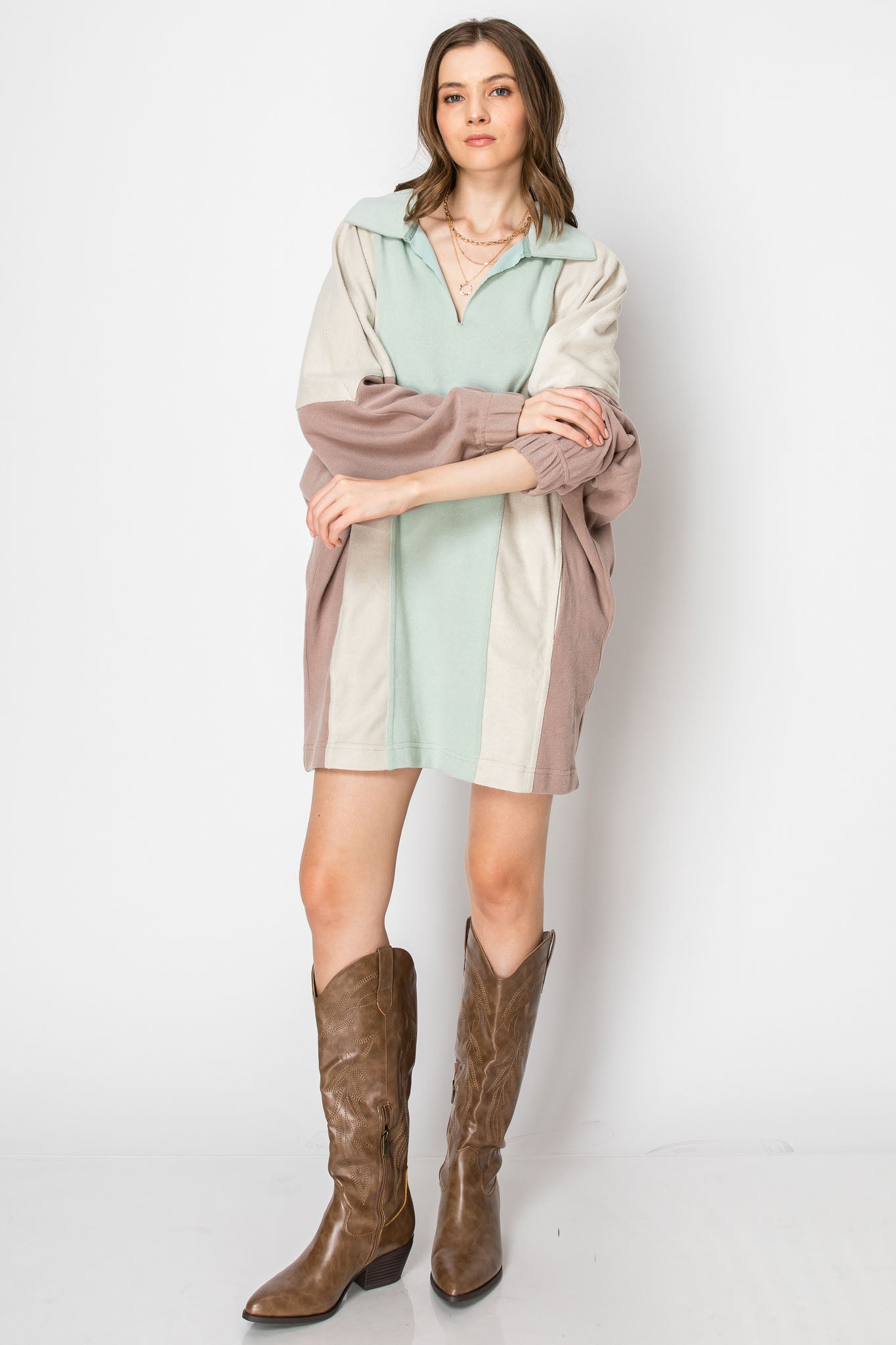 COLOR BLOCK Long Sleeve Collar DRESS With Pockets
