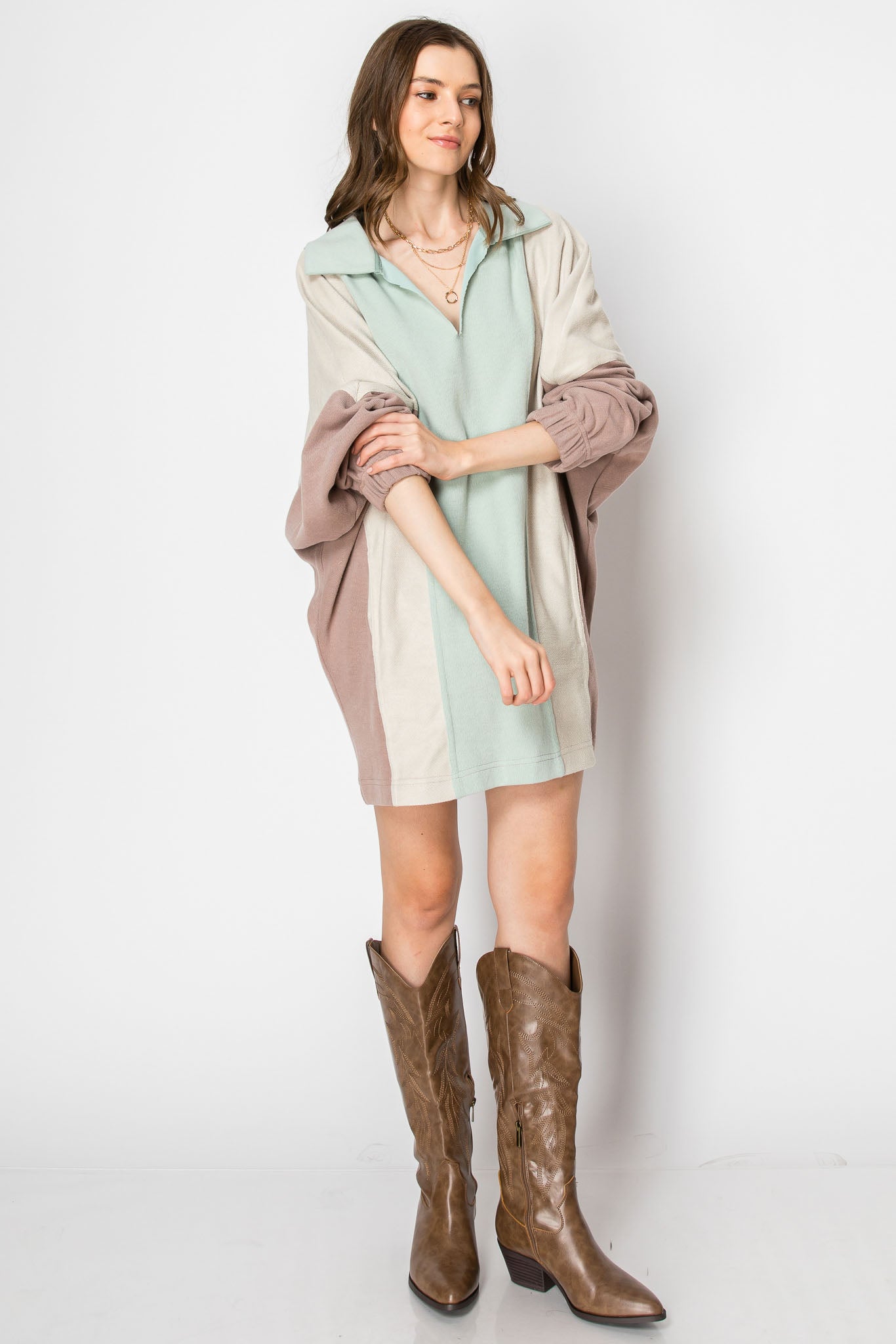 COLOR BLOCK Long Sleeve Collar DRESS With Pockets