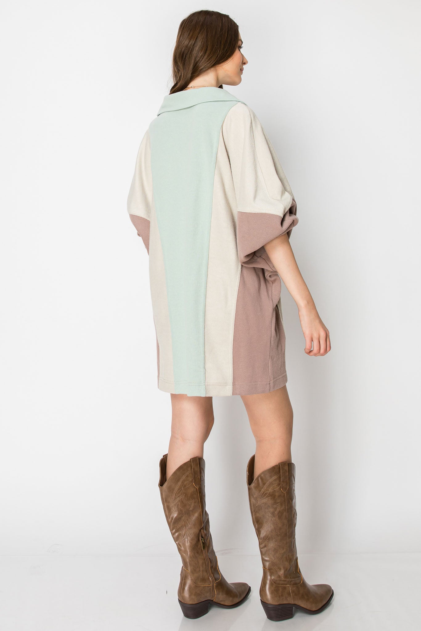 COLOR BLOCK Long Sleeve Collar DRESS With Pockets
