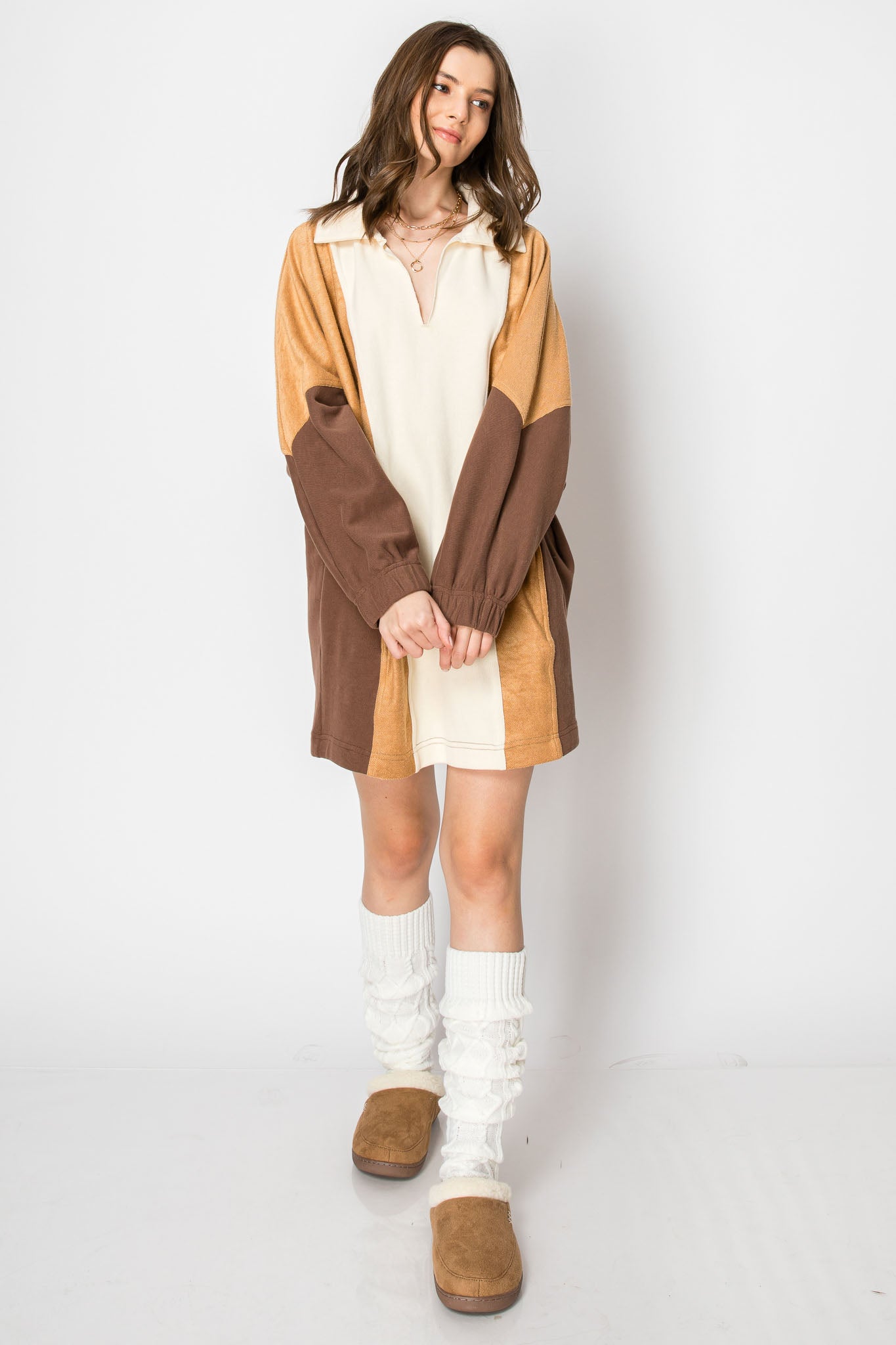 COLOR BLOCK Long Sleeve Collar DRESS With Pockets