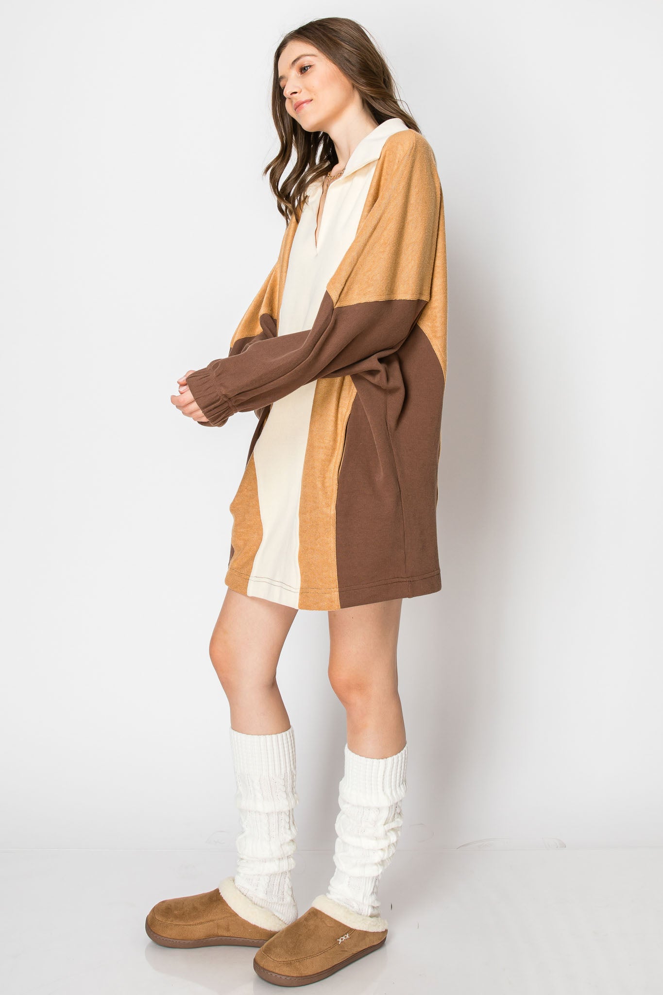 COLOR BLOCK Long Sleeve Collar DRESS With Pockets