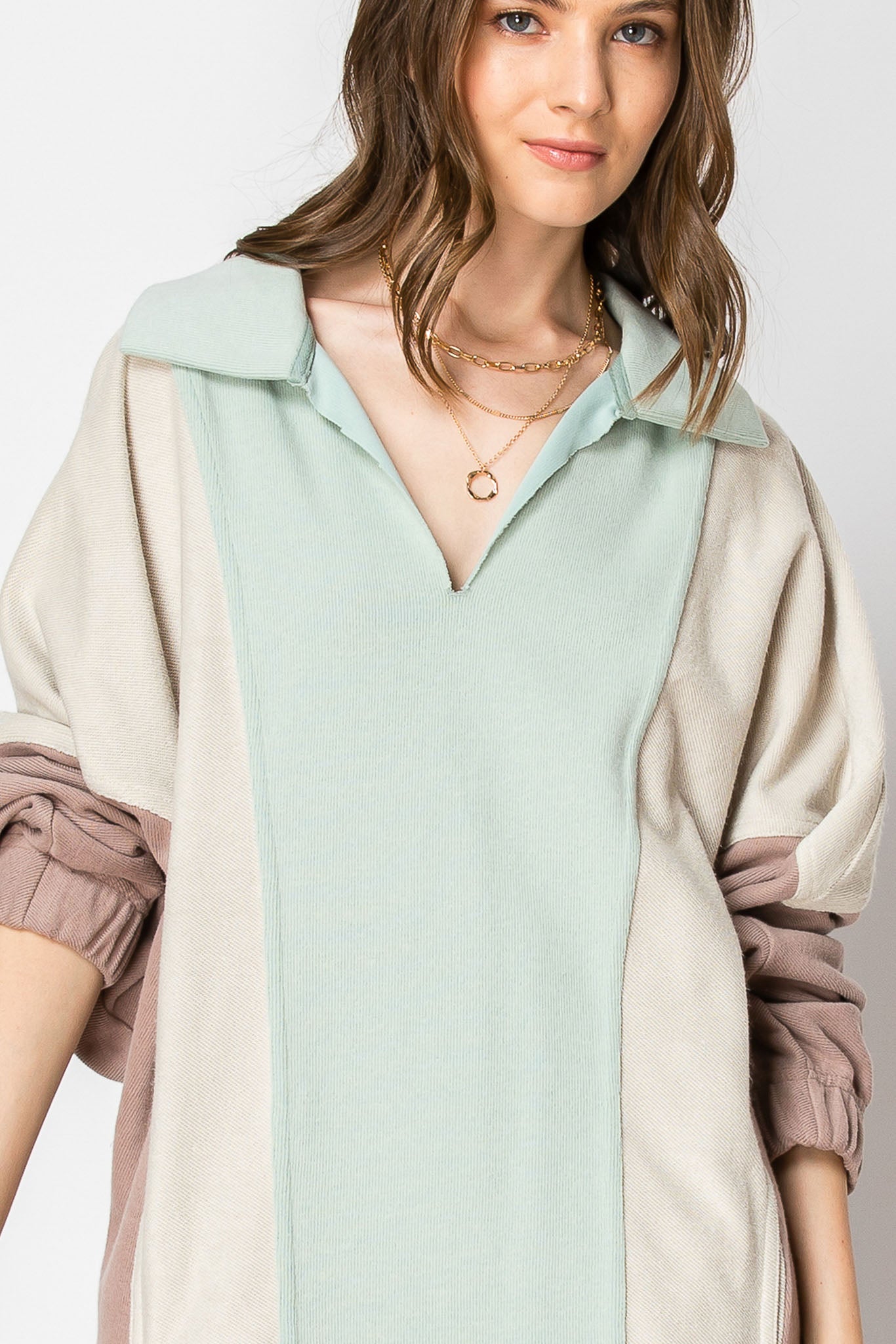 COLOR BLOCK Long Sleeve Collar DRESS With Pockets