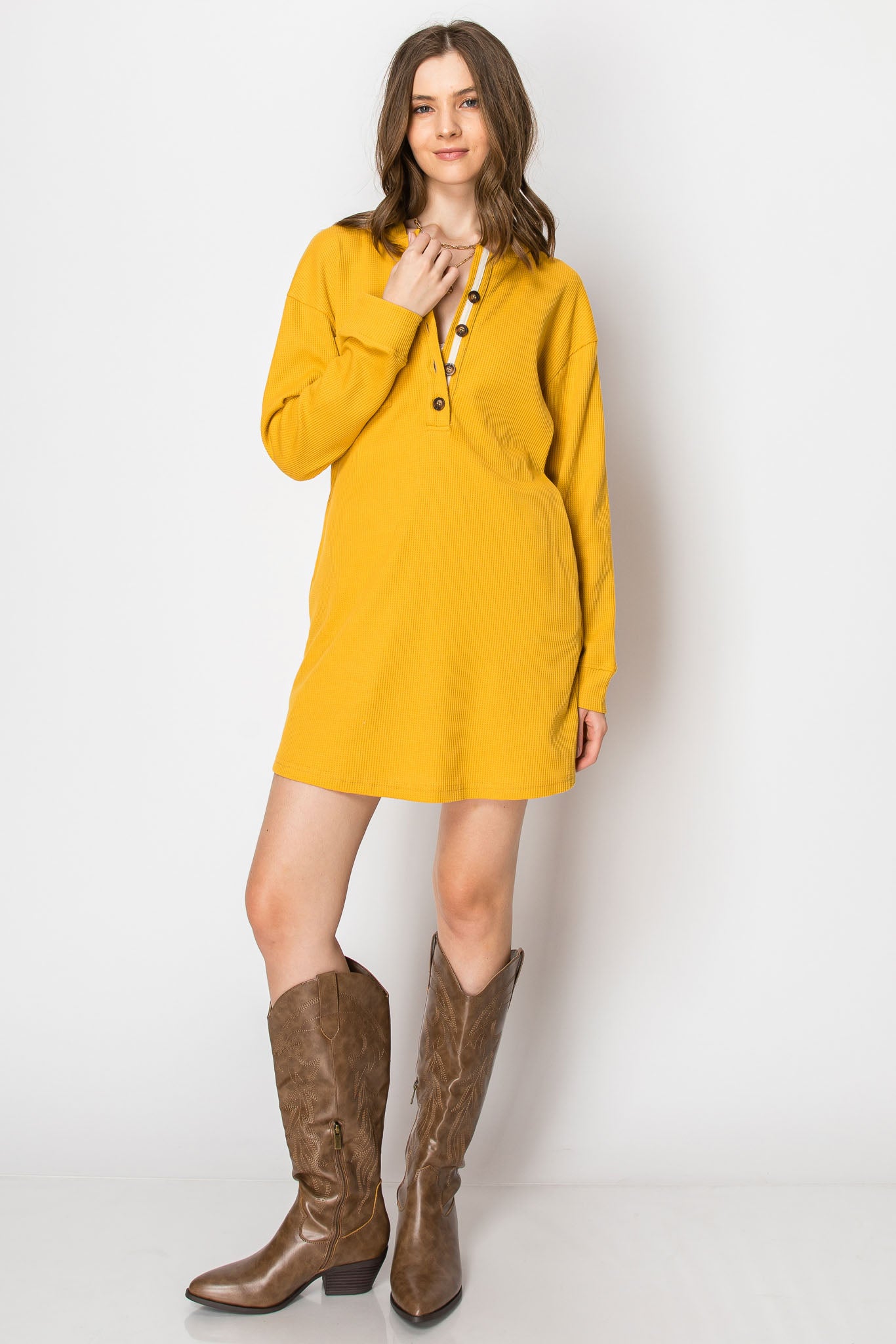 WAFFLE KNIT LONG SLEEVE BUTTON DOWN HOODIE SHIRT DRESS WITH POCKETS