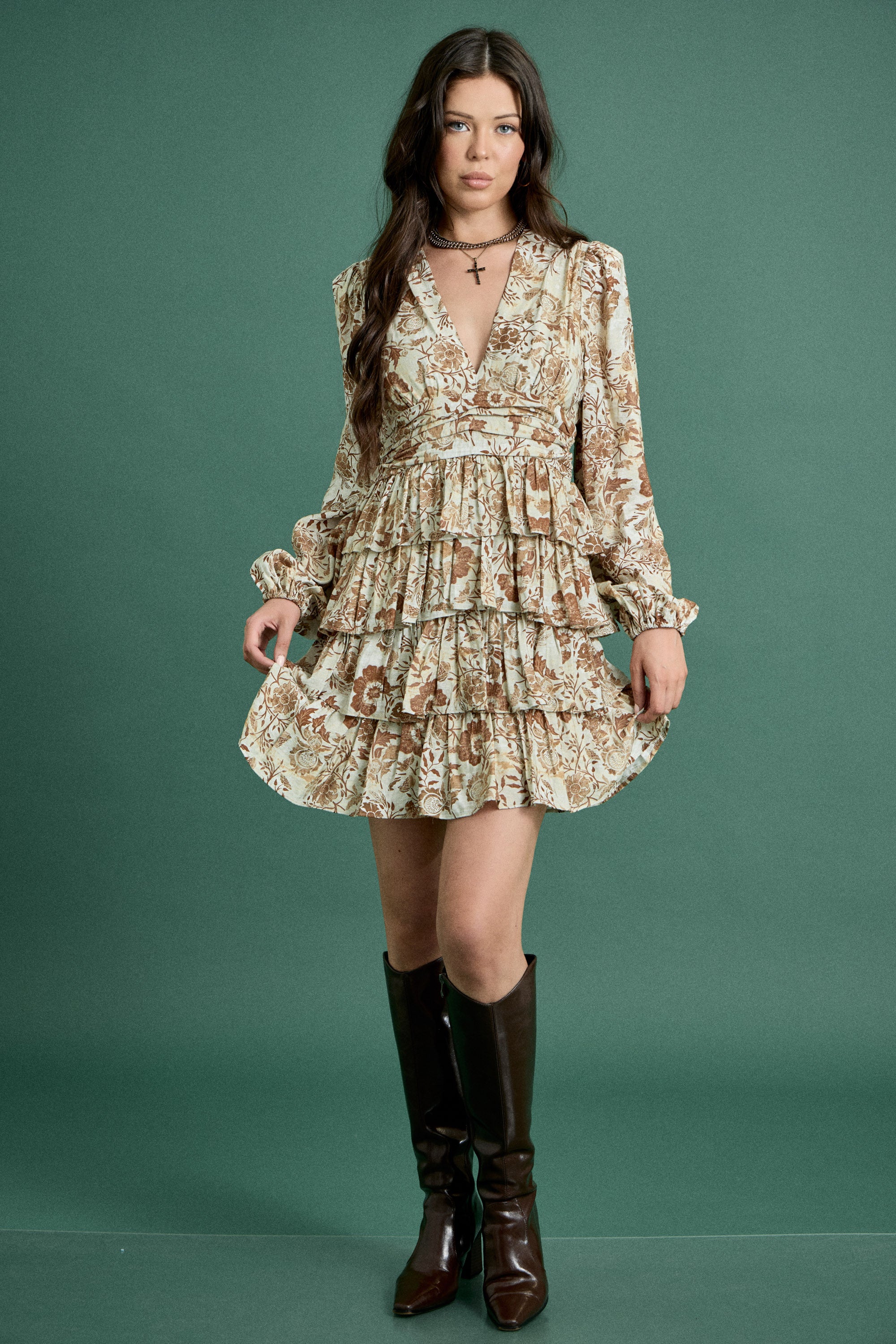 Fall Floral Print Ruffle Long Sleeve Dress