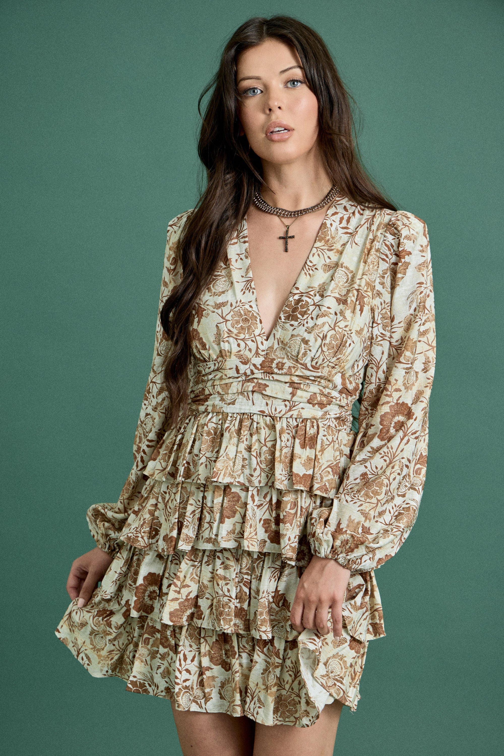 Fall Floral Print Ruffle Long Sleeve Dress