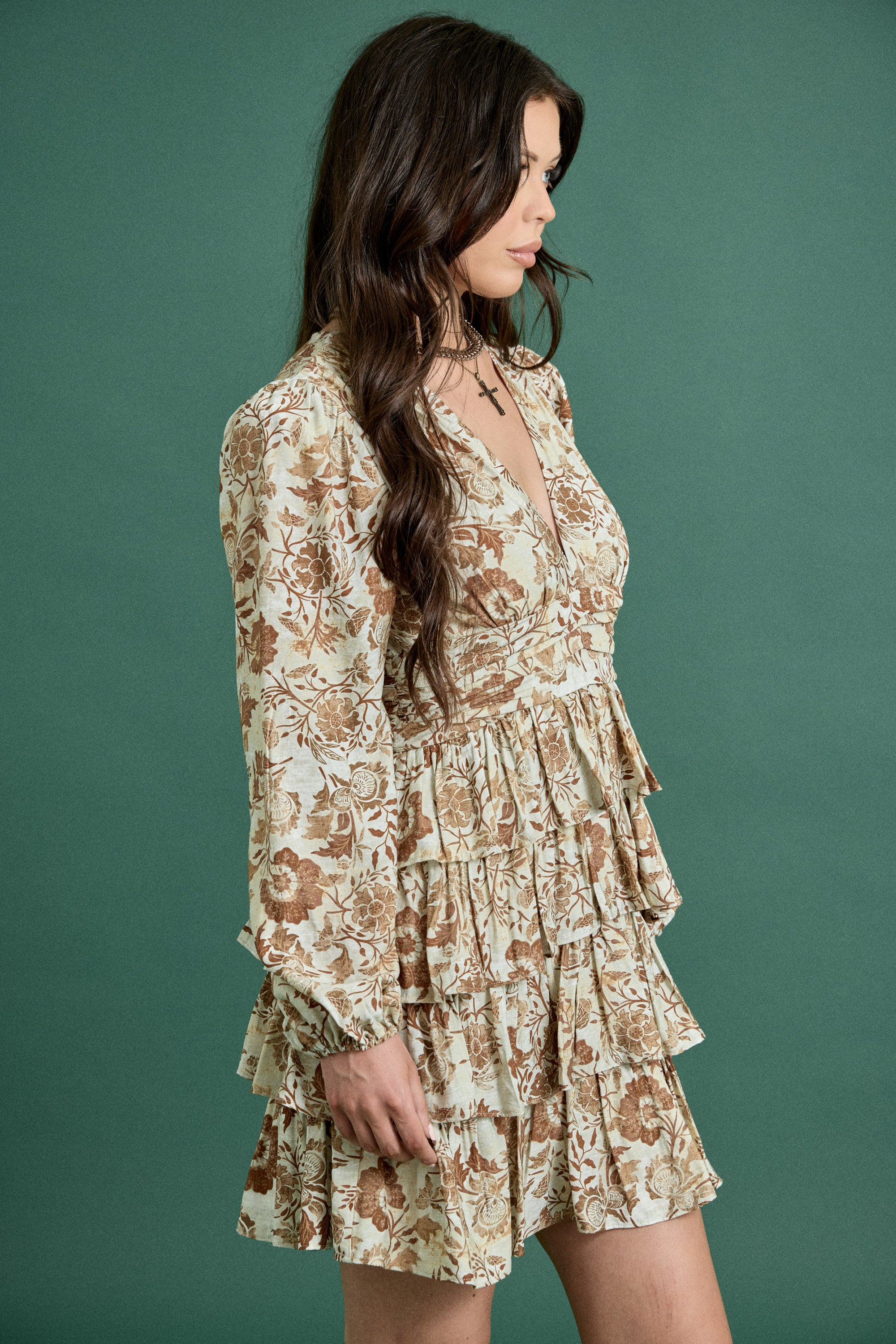 Fall Floral Print Ruffle Long Sleeve Dress