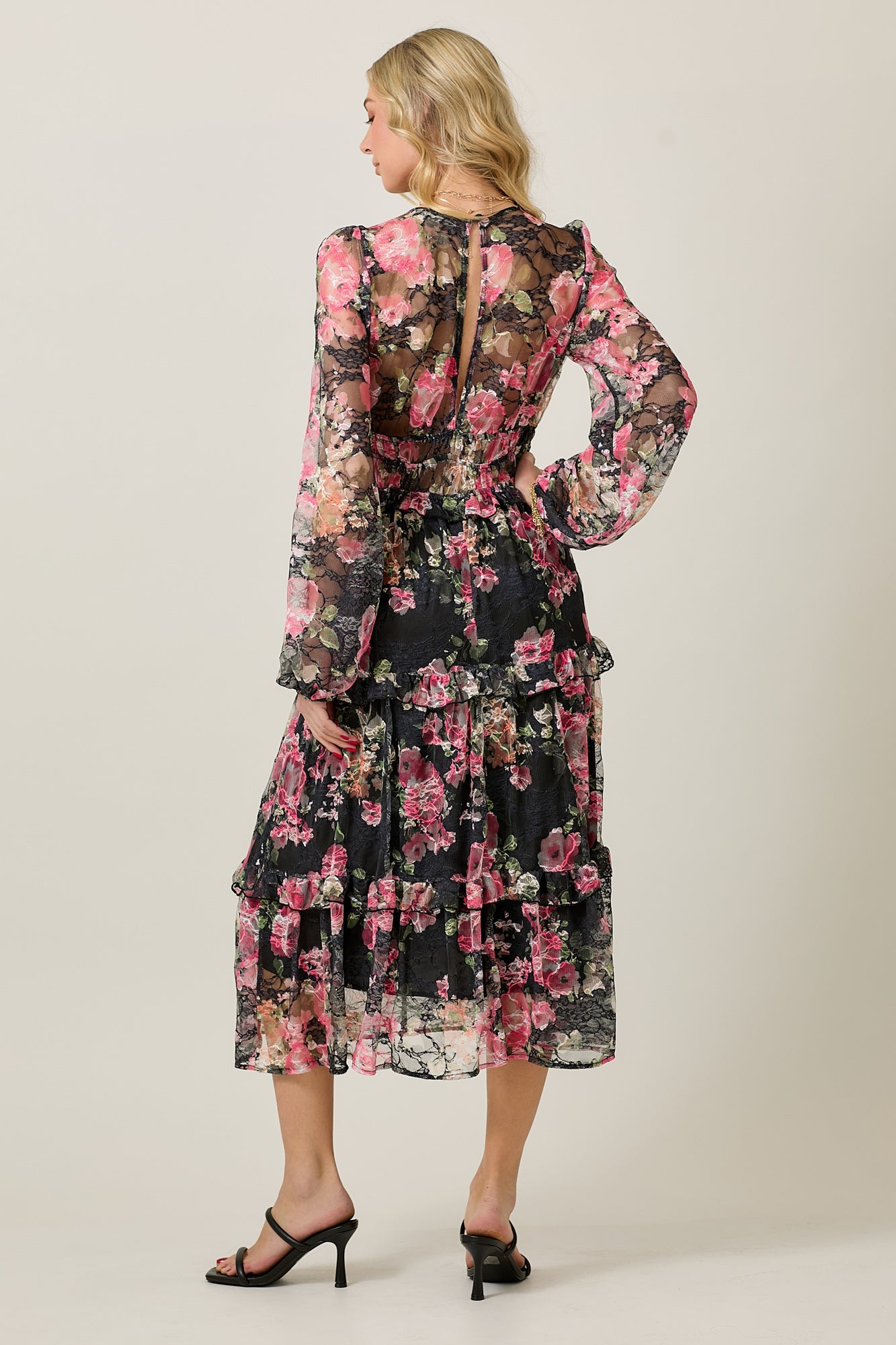 FLORAL LACE LONG SLEEVE TIERED MIDI DRESS