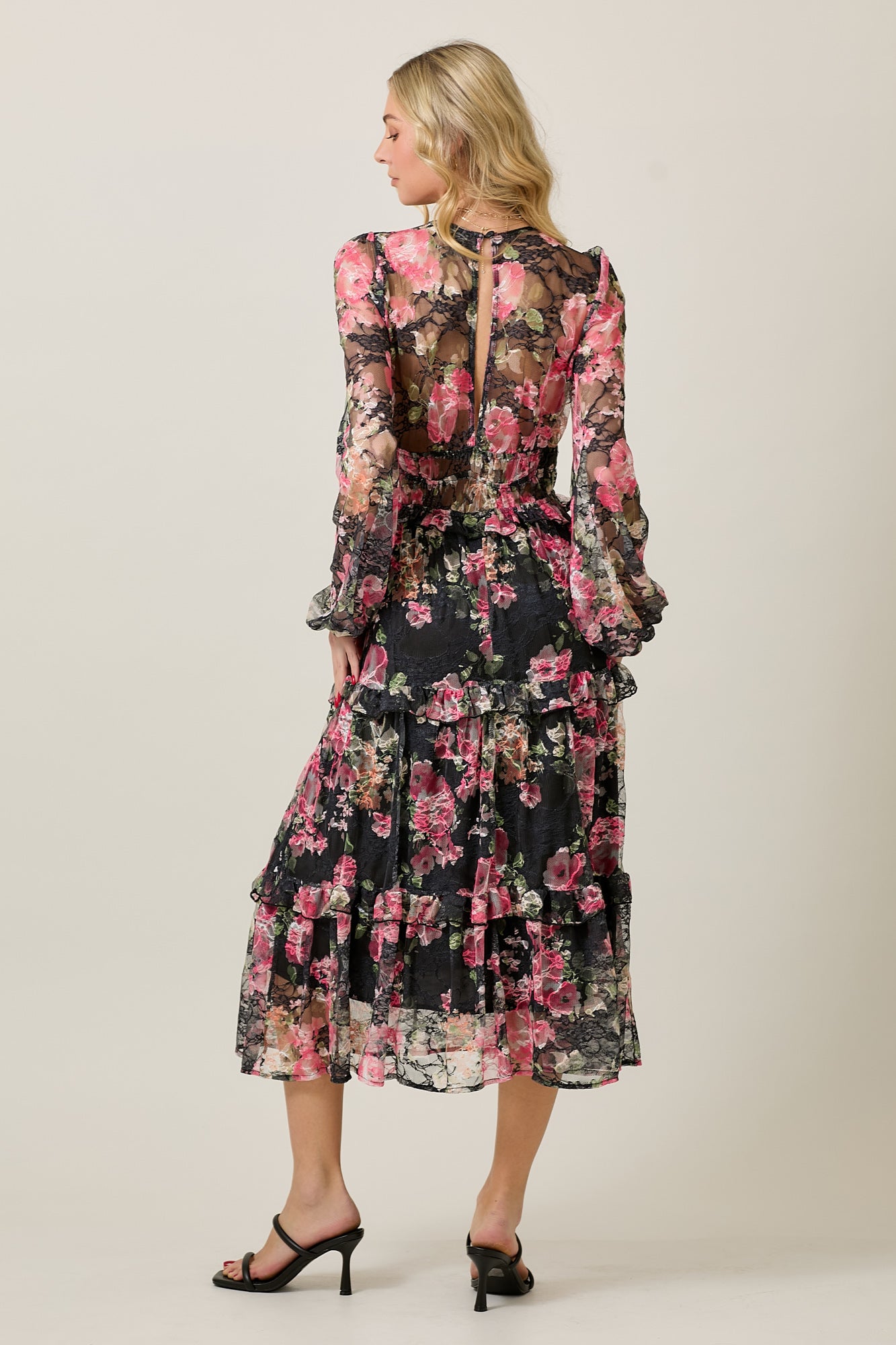 FLORAL LACE LONG SLEEVE TIERED MIDI DRESS