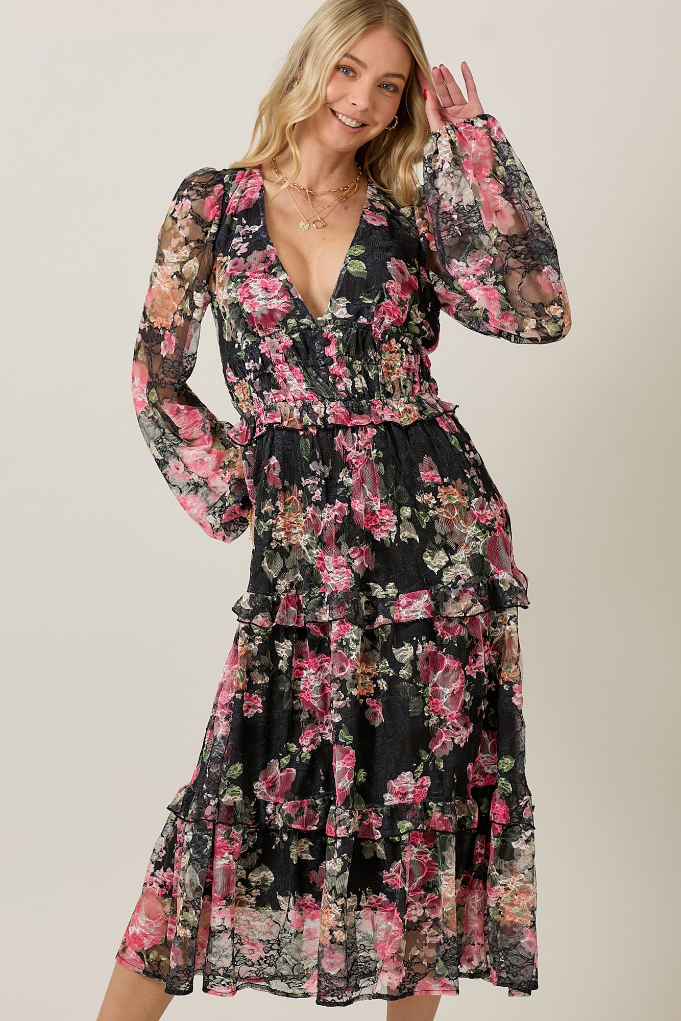 FLORAL LACE LONG SLEEVE TIERED MIDI DRESS