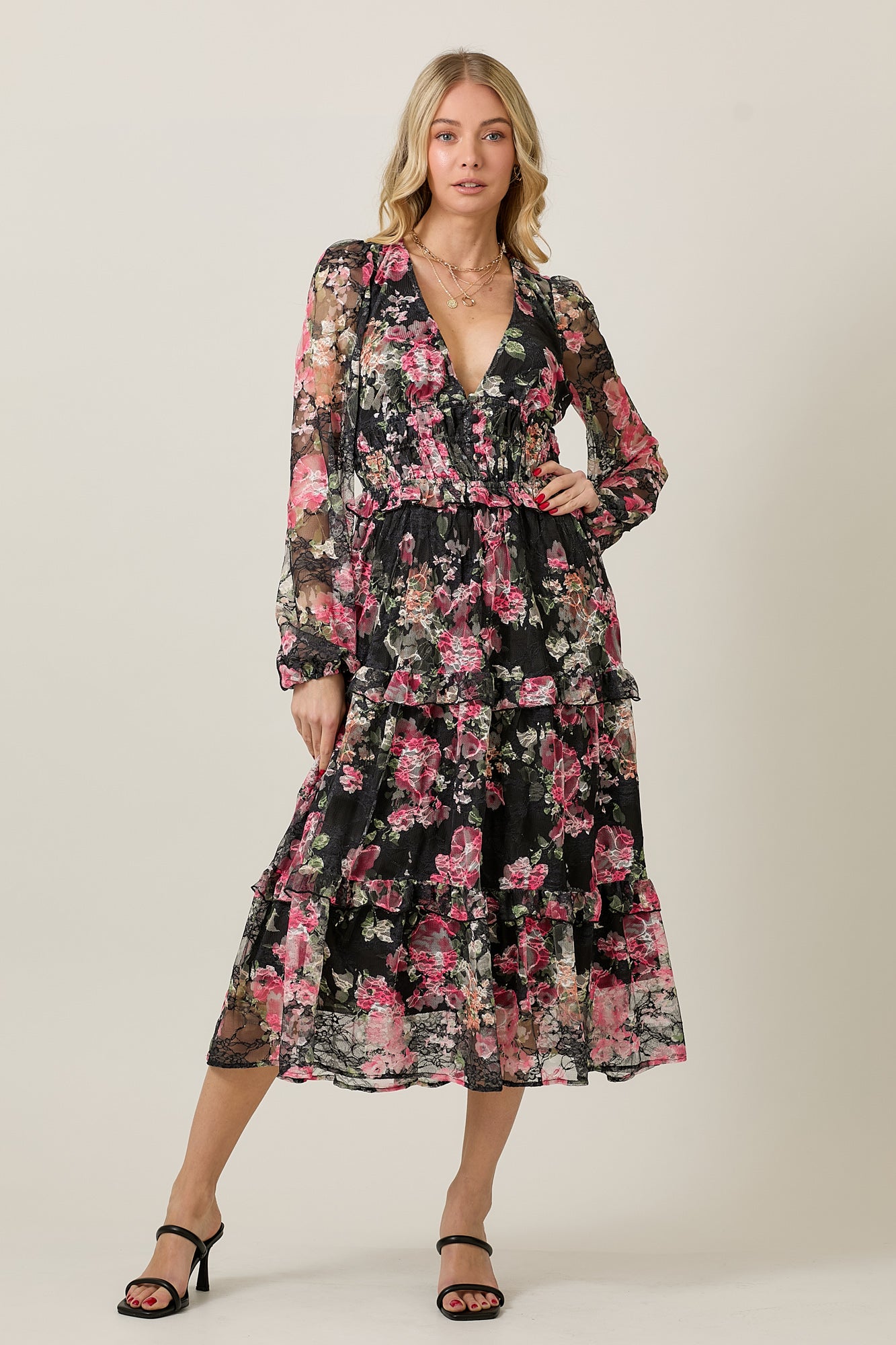 FLORAL LACE LONG SLEEVE TIERED MIDI DRESS