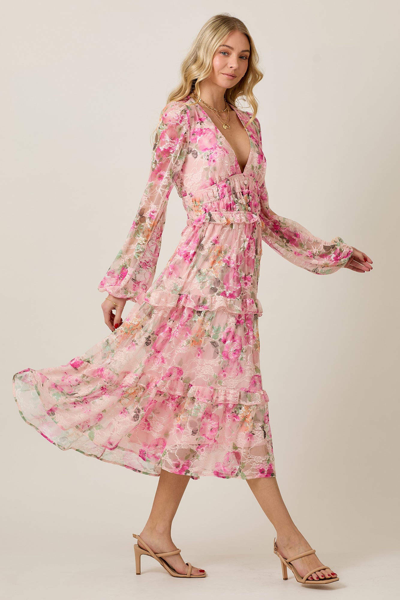 FLORAL LACE LONG SLEEVE TIERED MIDI DRESS