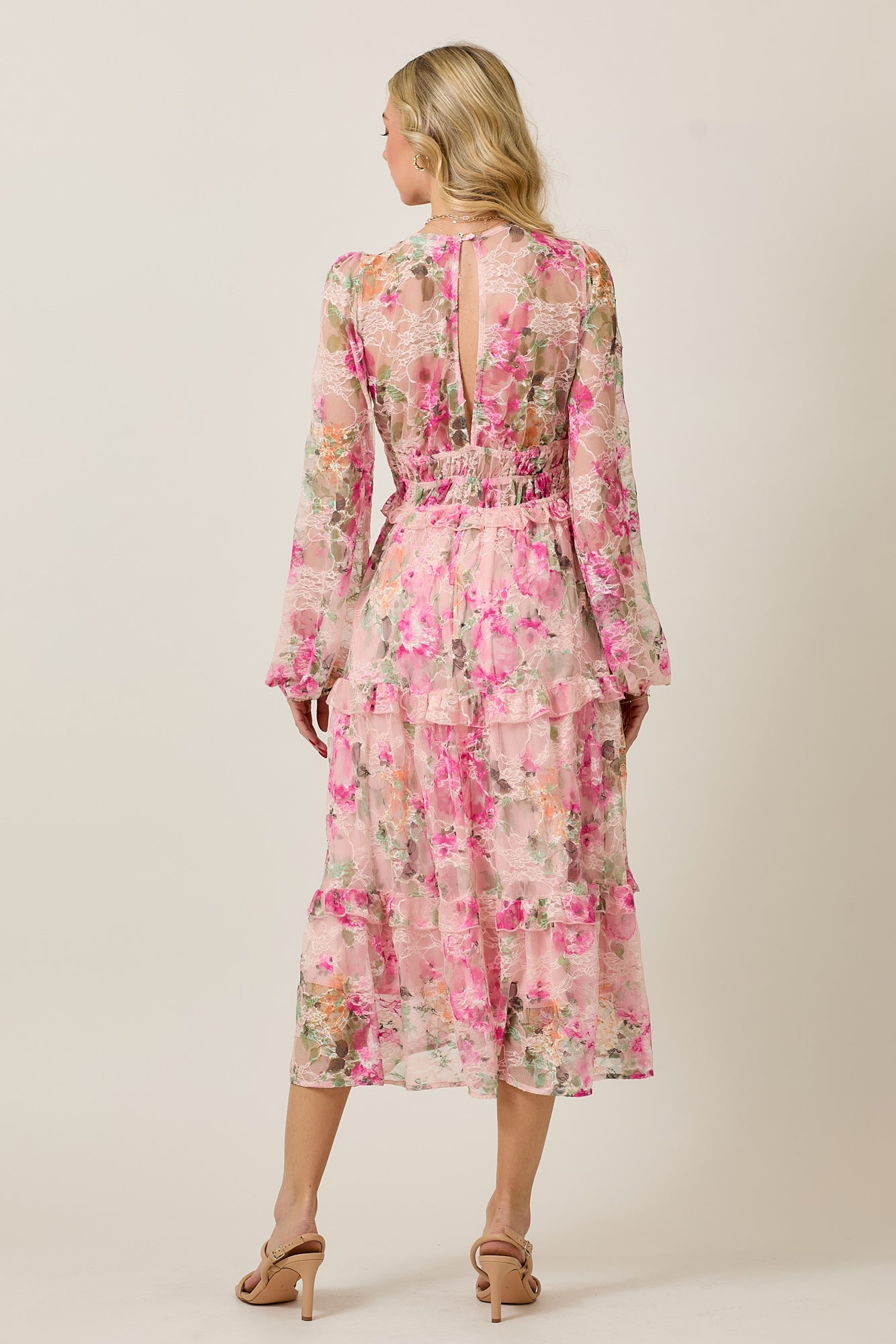 FLORAL LACE LONG SLEEVE TIERED MIDI DRESS