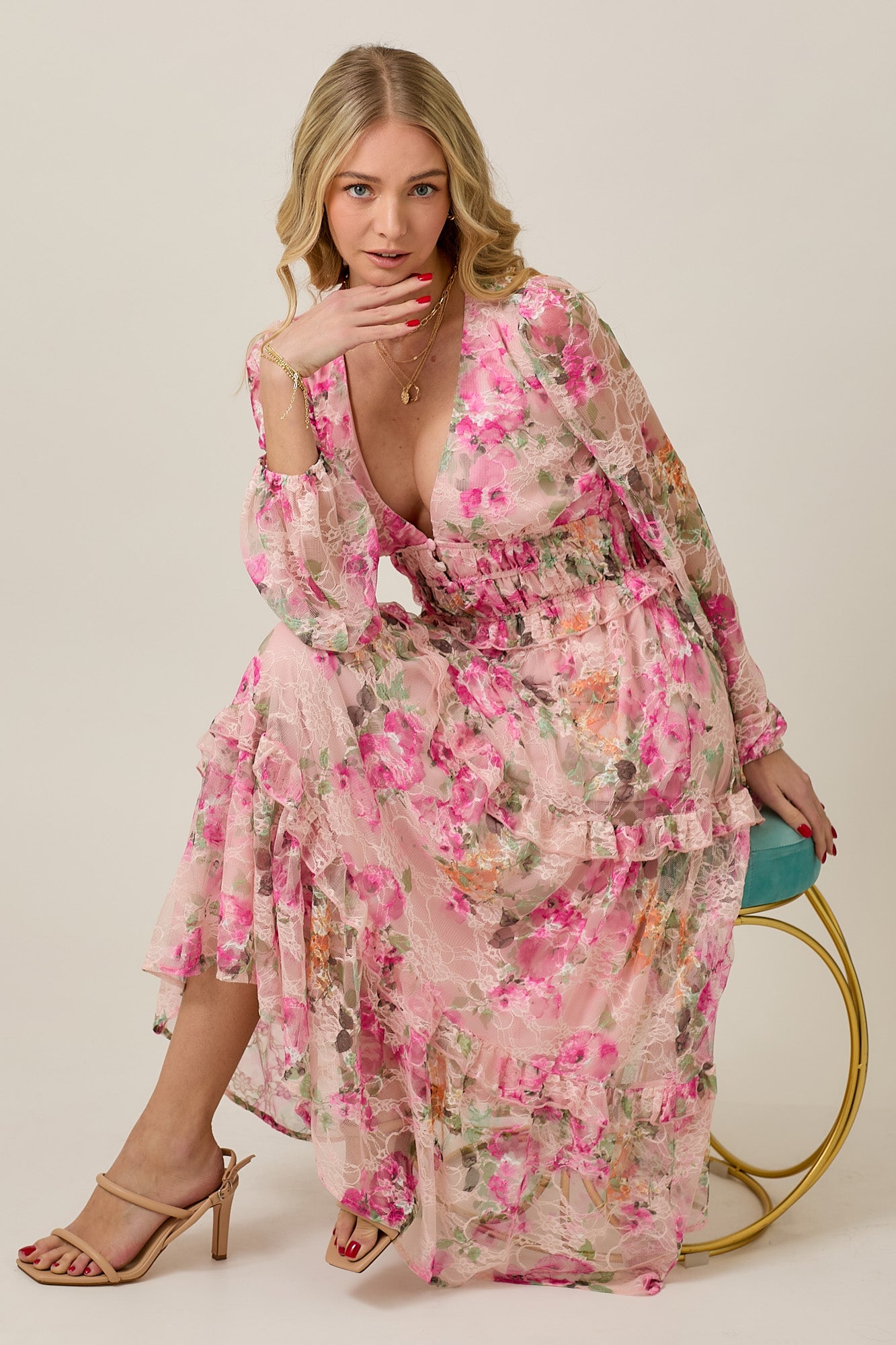 FLORAL LACE LONG SLEEVE TIERED MIDI DRESS