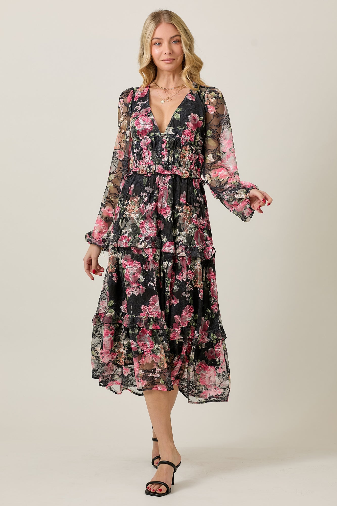 FLORAL LACE LONG SLEEVE TIERED MIDI DRESS