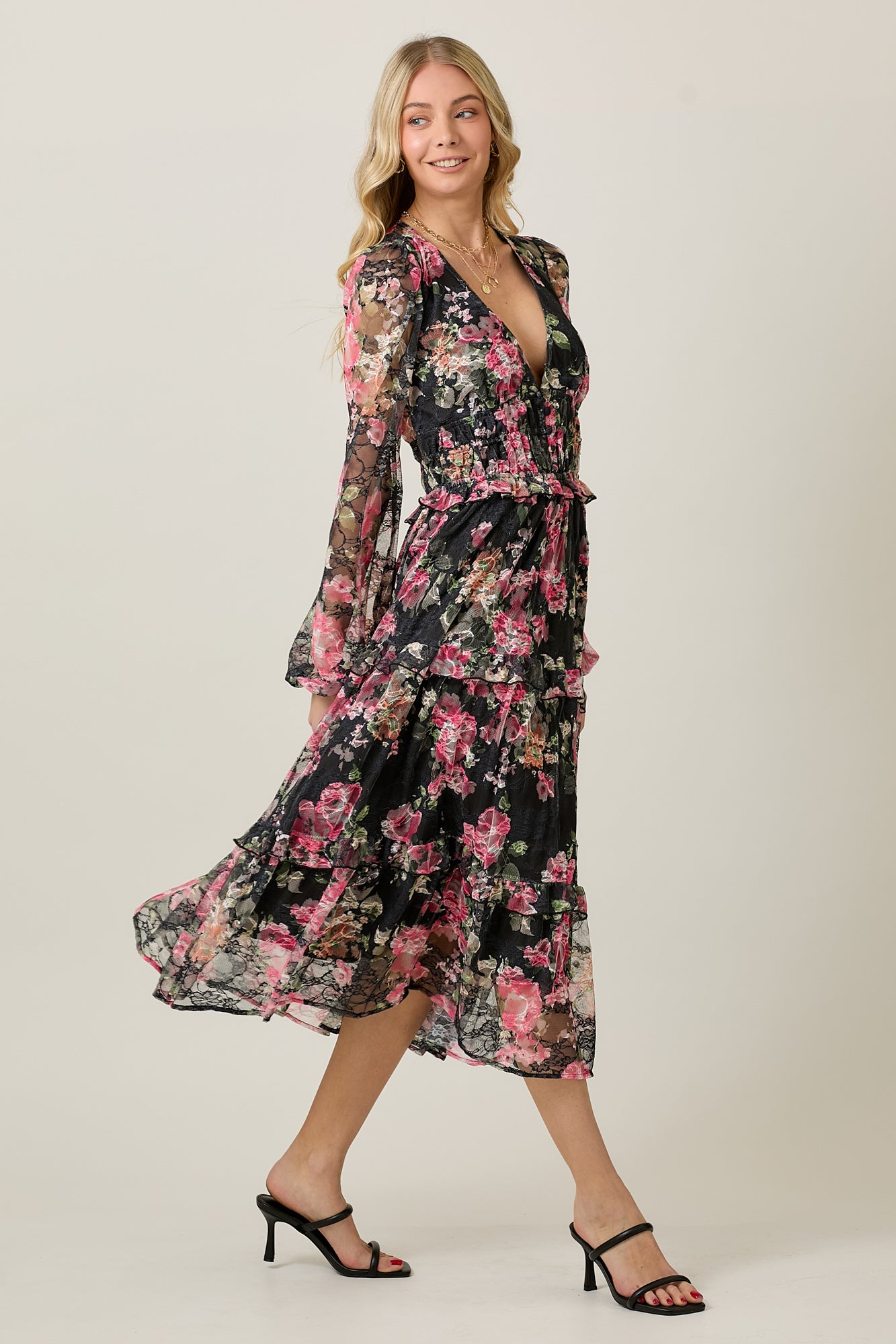 FLORAL LACE LONG SLEEVE TIERED MIDI DRESS