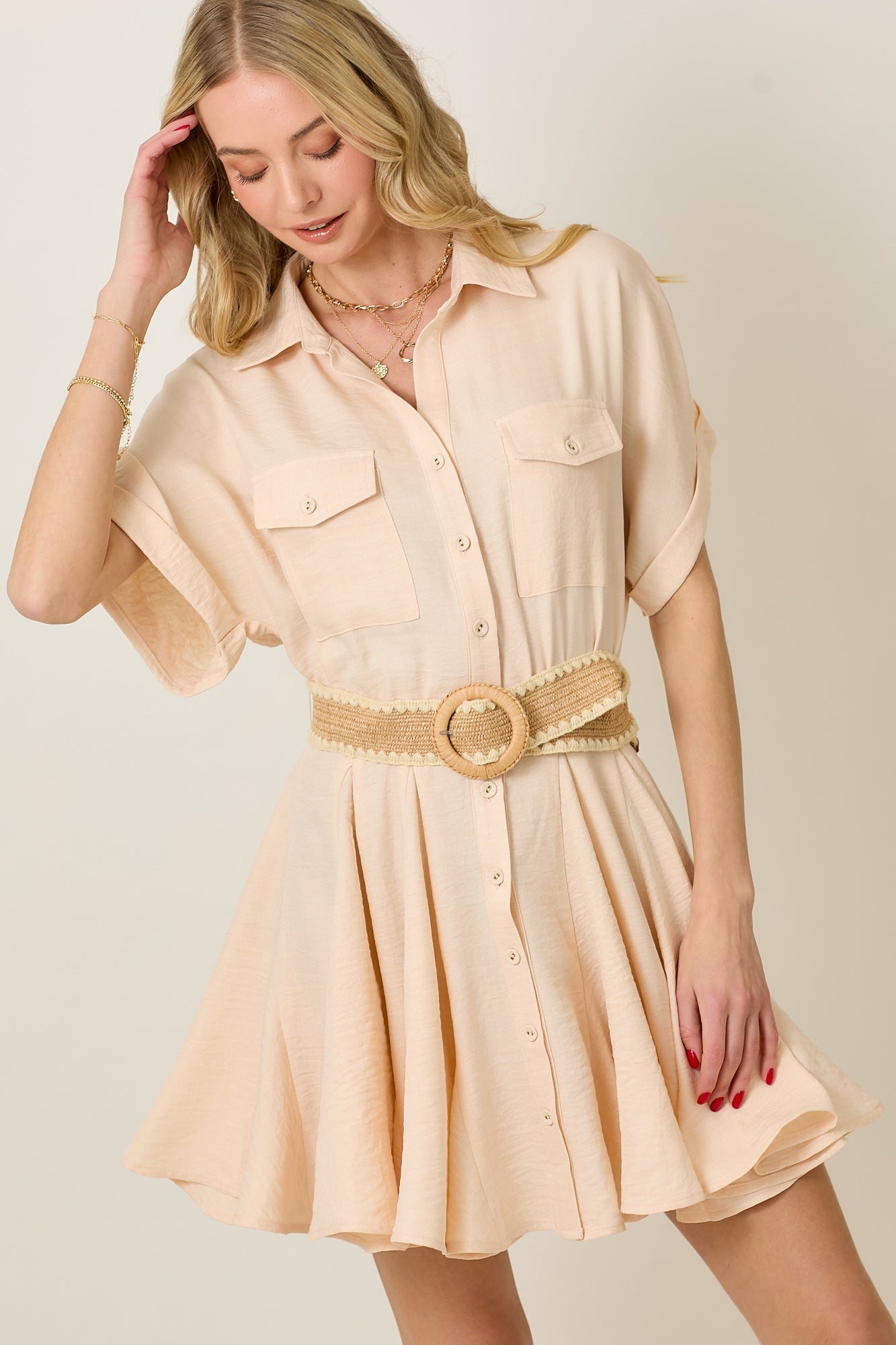 SHORT SLEEVE BUTTON DOWN BELTED FLARE DRESS