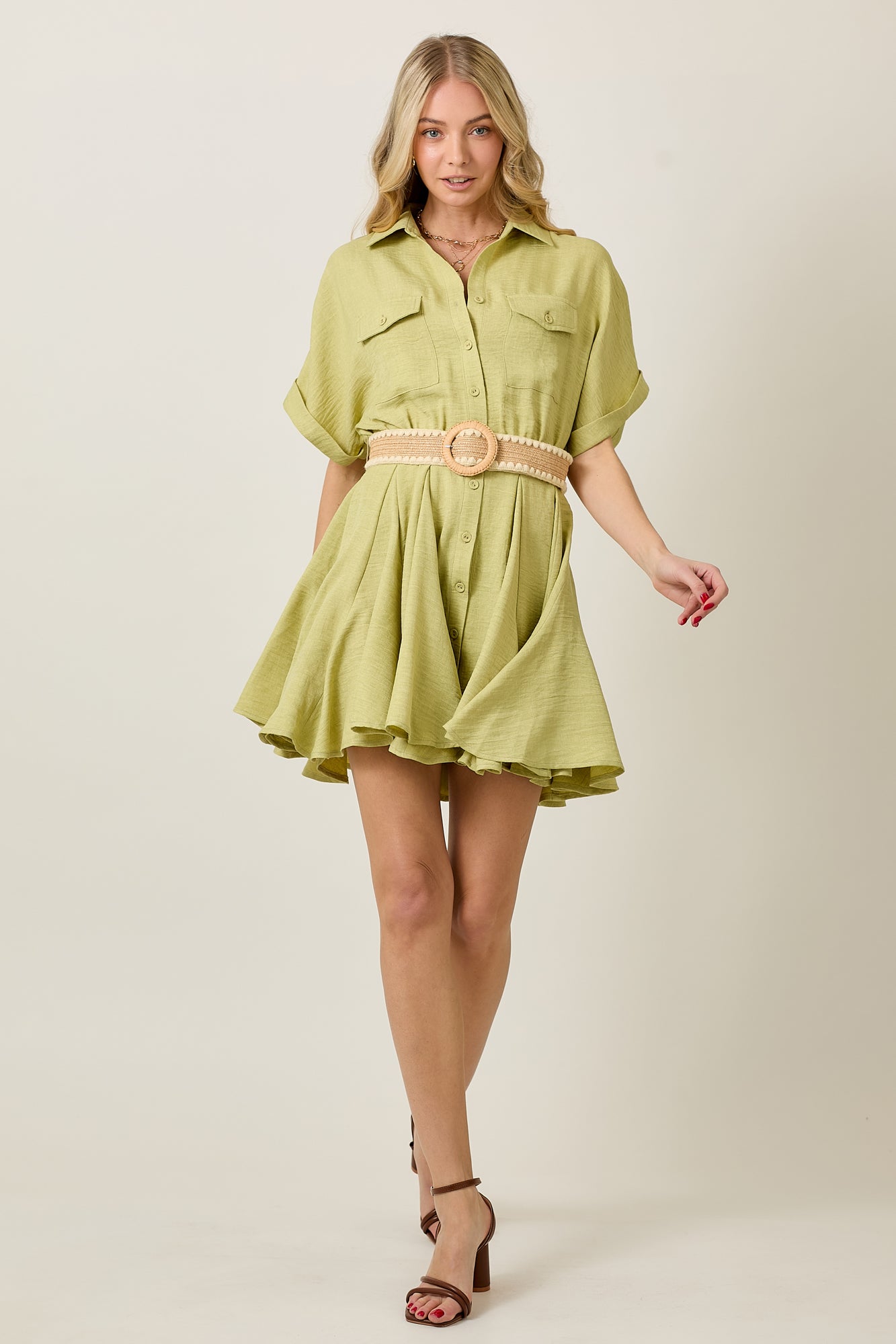 SHORT SLEEVE BUTTON DOWN BELTED FLARE DRESS