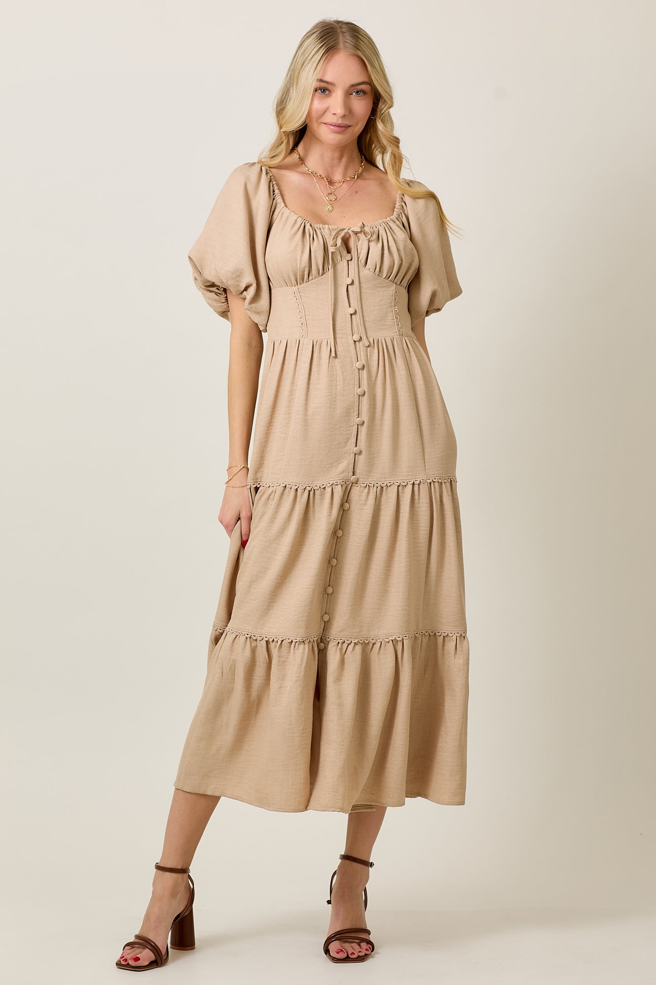 Tiered Bubble Sleeve Midi Dress