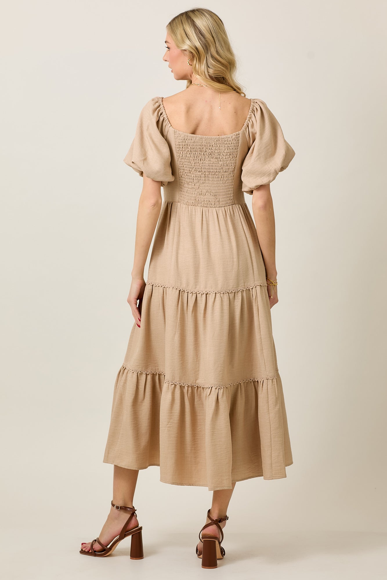 Tiered Bubble Sleeve Midi Dress