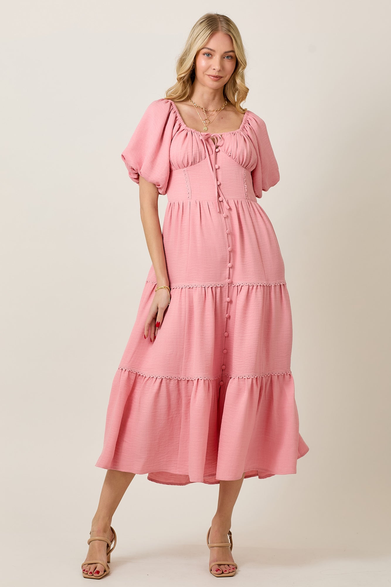 TIERED BUBBLE SLEEVE MIDI DRESS