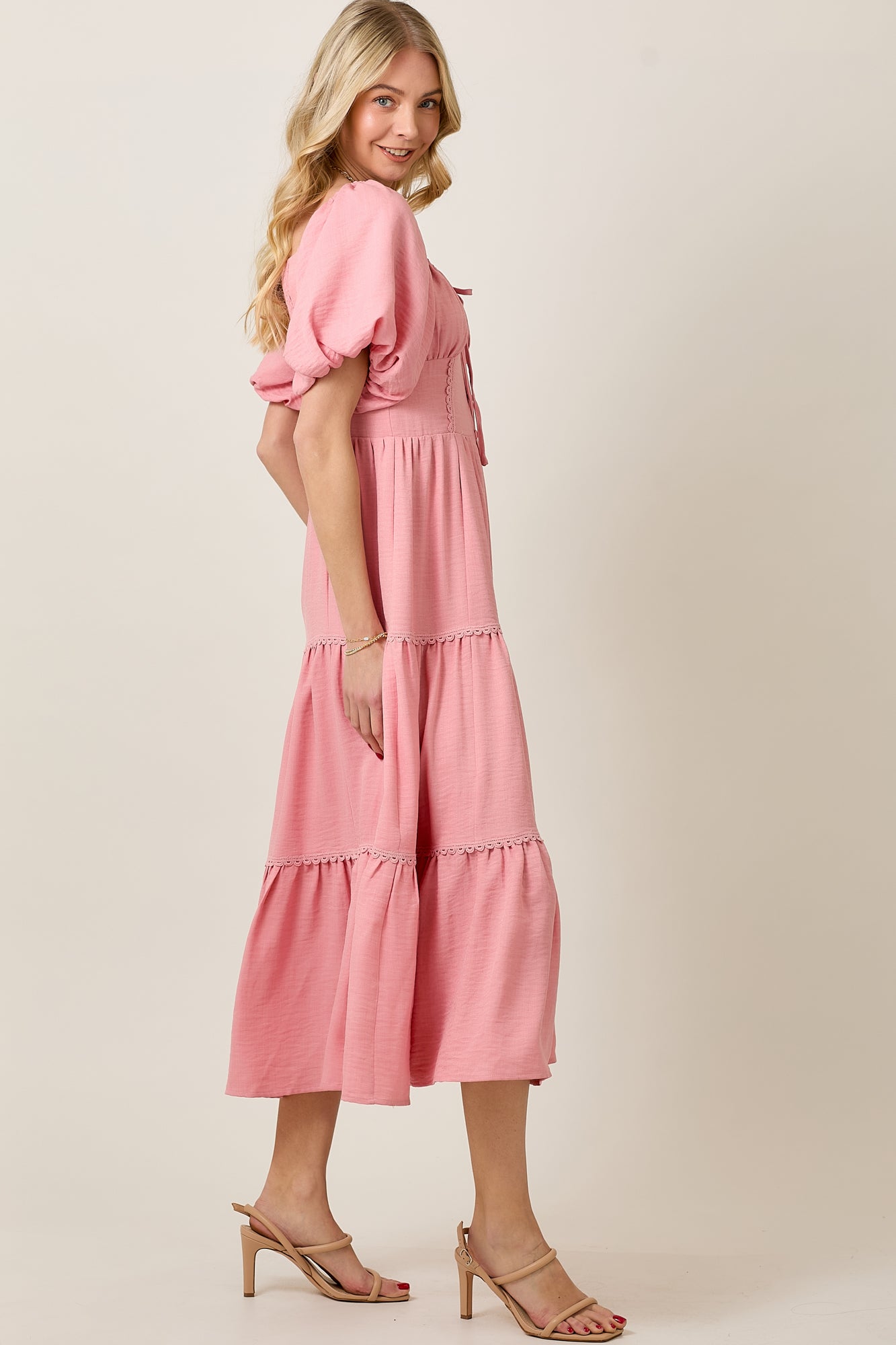 Tiered Bubble Sleeve Midi Dress