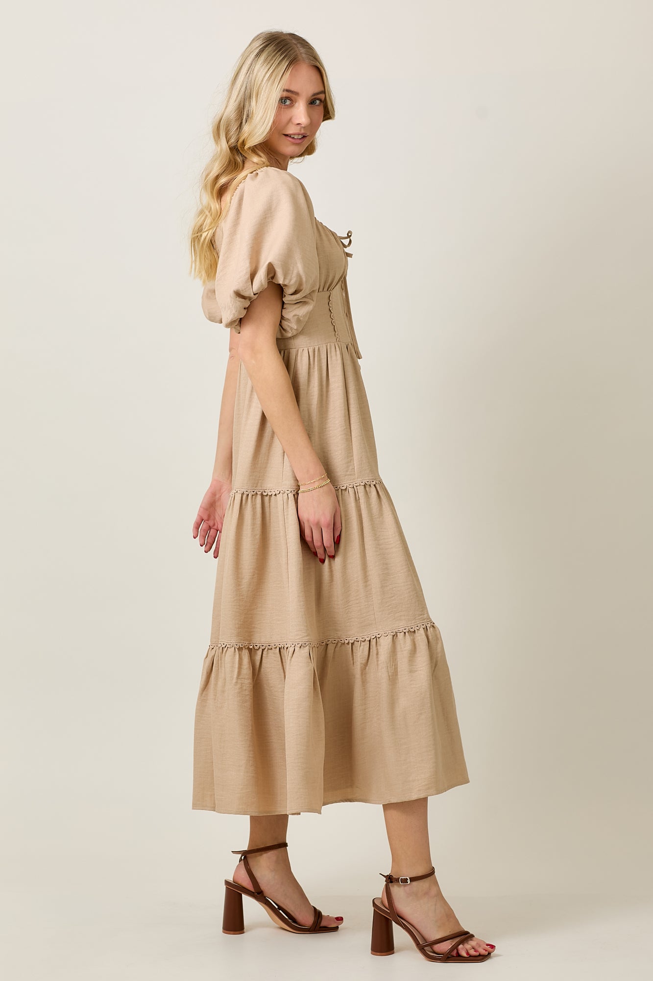 Tiered Bubble Sleeve Midi Dress