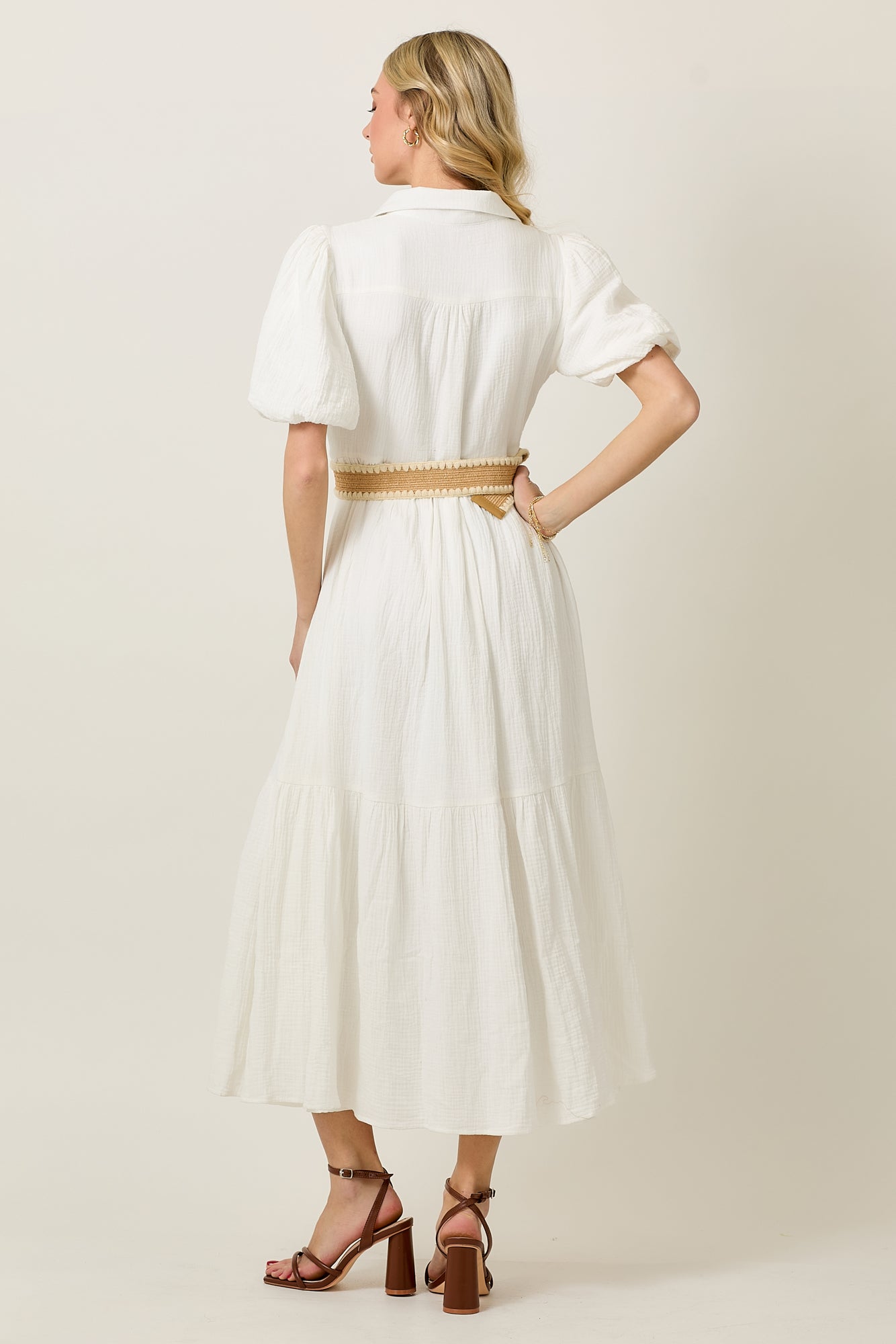 Short Bubble Sleeve Button Down Maxi Dress With Belt
