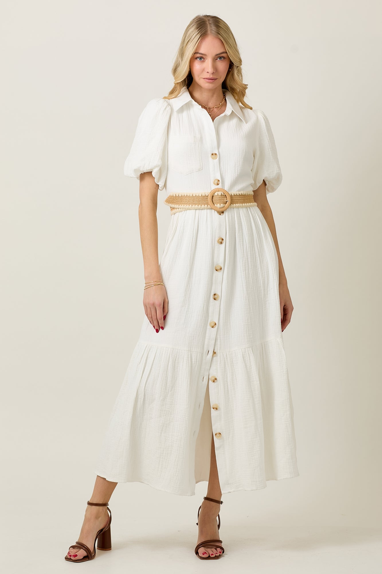Short Bubble Sleeve Button Down Maxi Dress With Belt