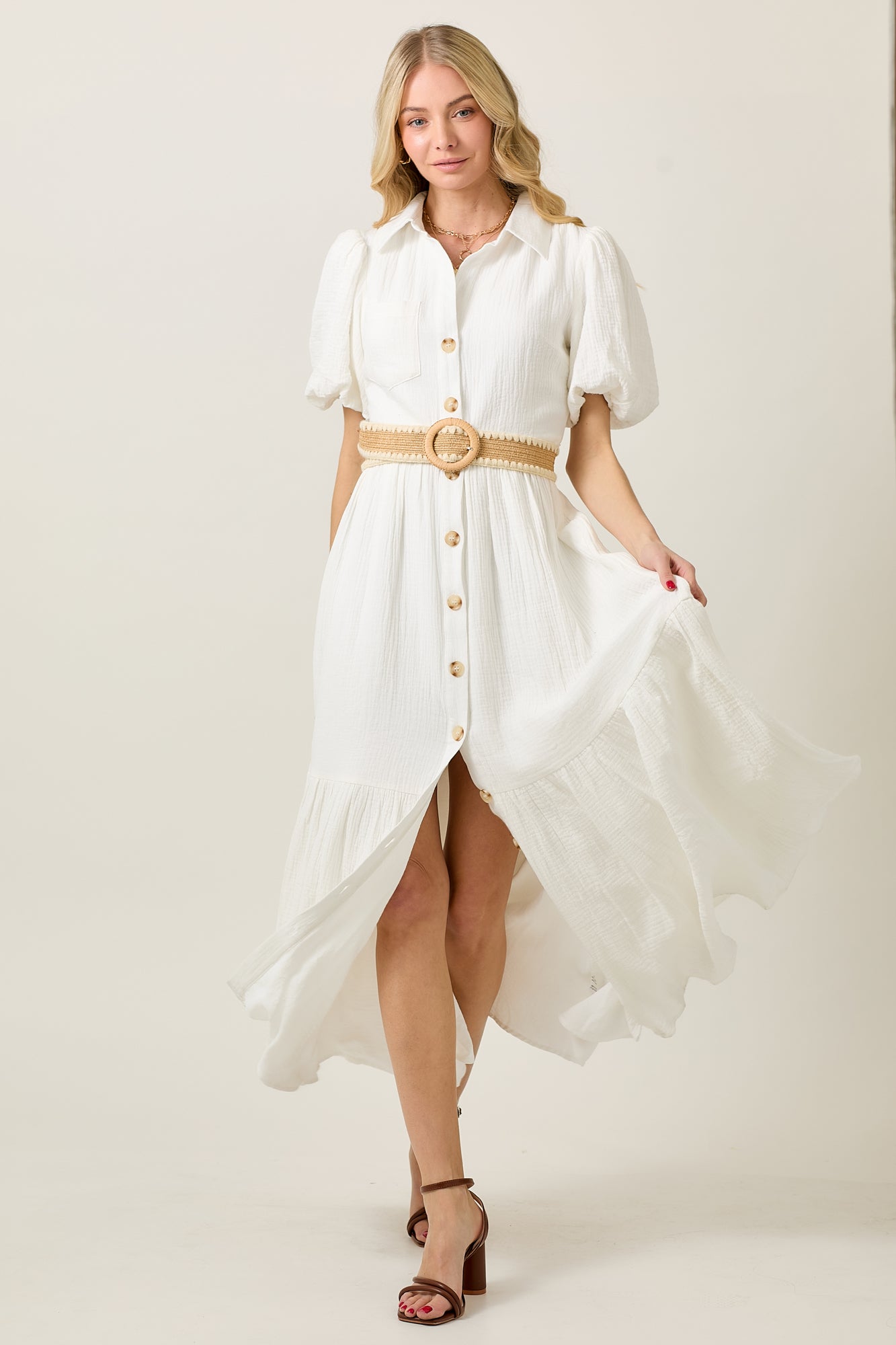 Short Bubble Sleeve Button Down Maxi Dress With Belt