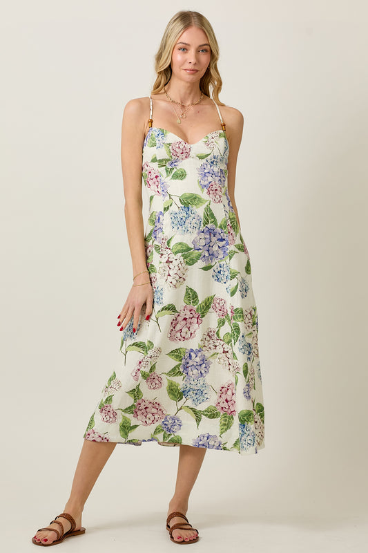 LINEN FLORAL BEADED MIDI DRESS