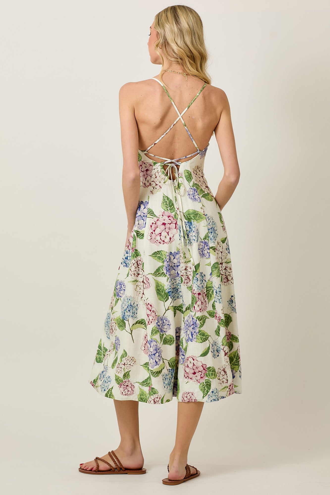 Floral Beaded Fit and Flare Linen Midi Dress