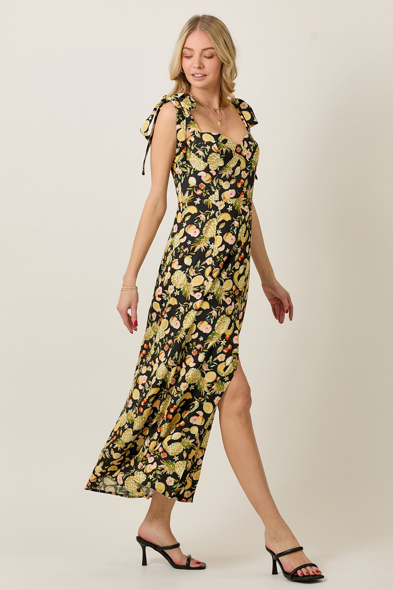 CONVERSATION PRINT SHOULDER TIE MIDI DRESS