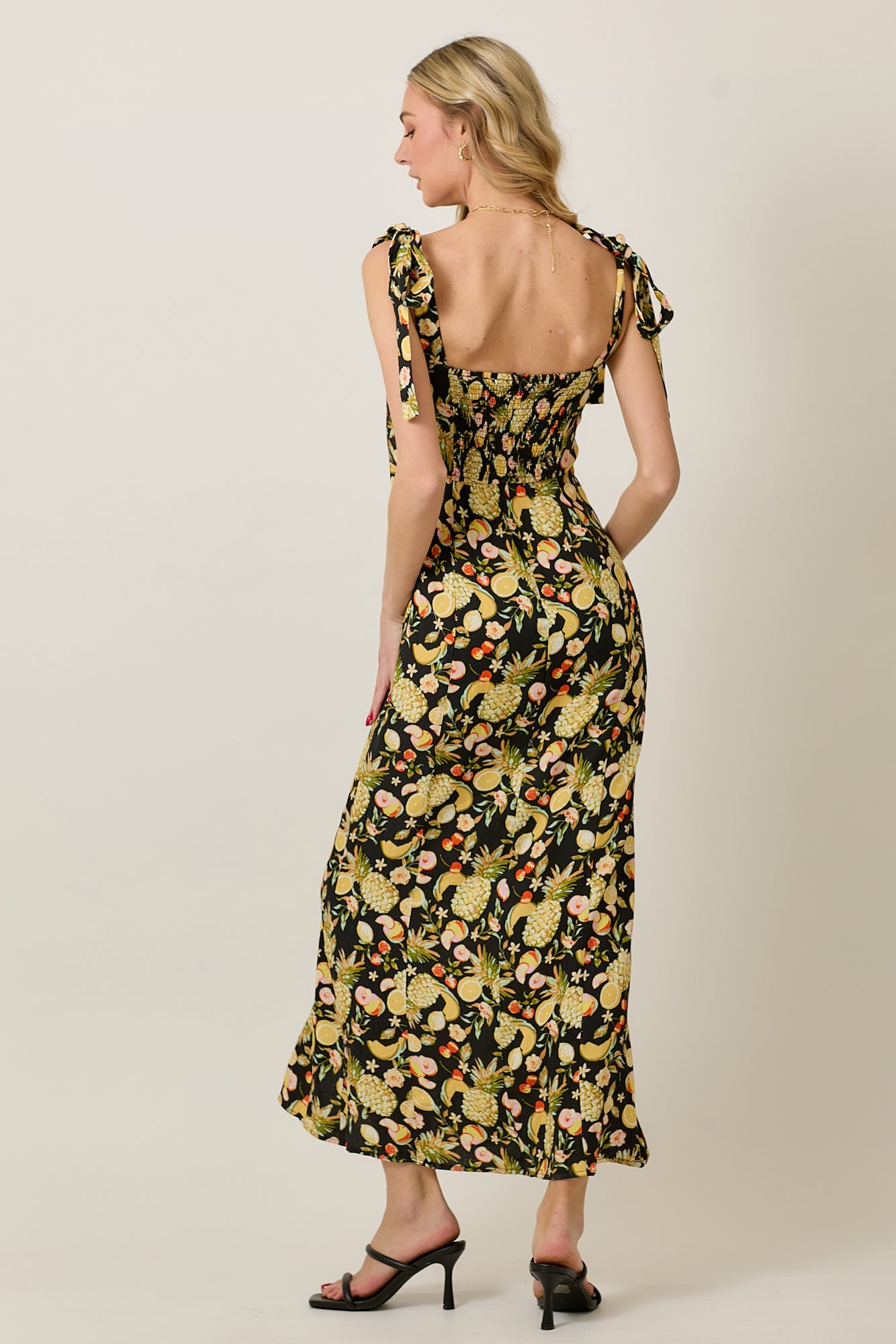 CONVERSATION PRINT SHOULDER TIE MIDI DRESS