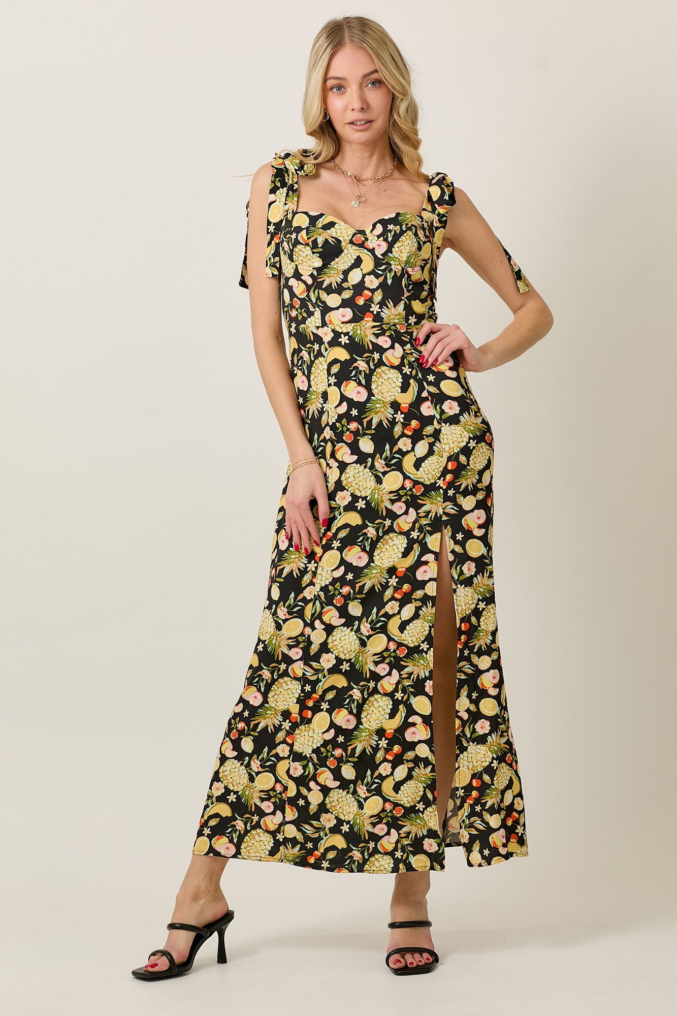 Conversation Print Shoulder Tie Maxi Dress